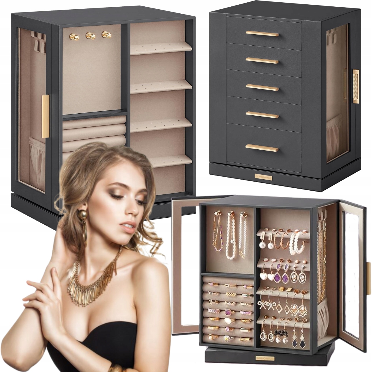 šperkovnice na bižuterii s bočními zásuvkami, otočný stojan na šperky 360