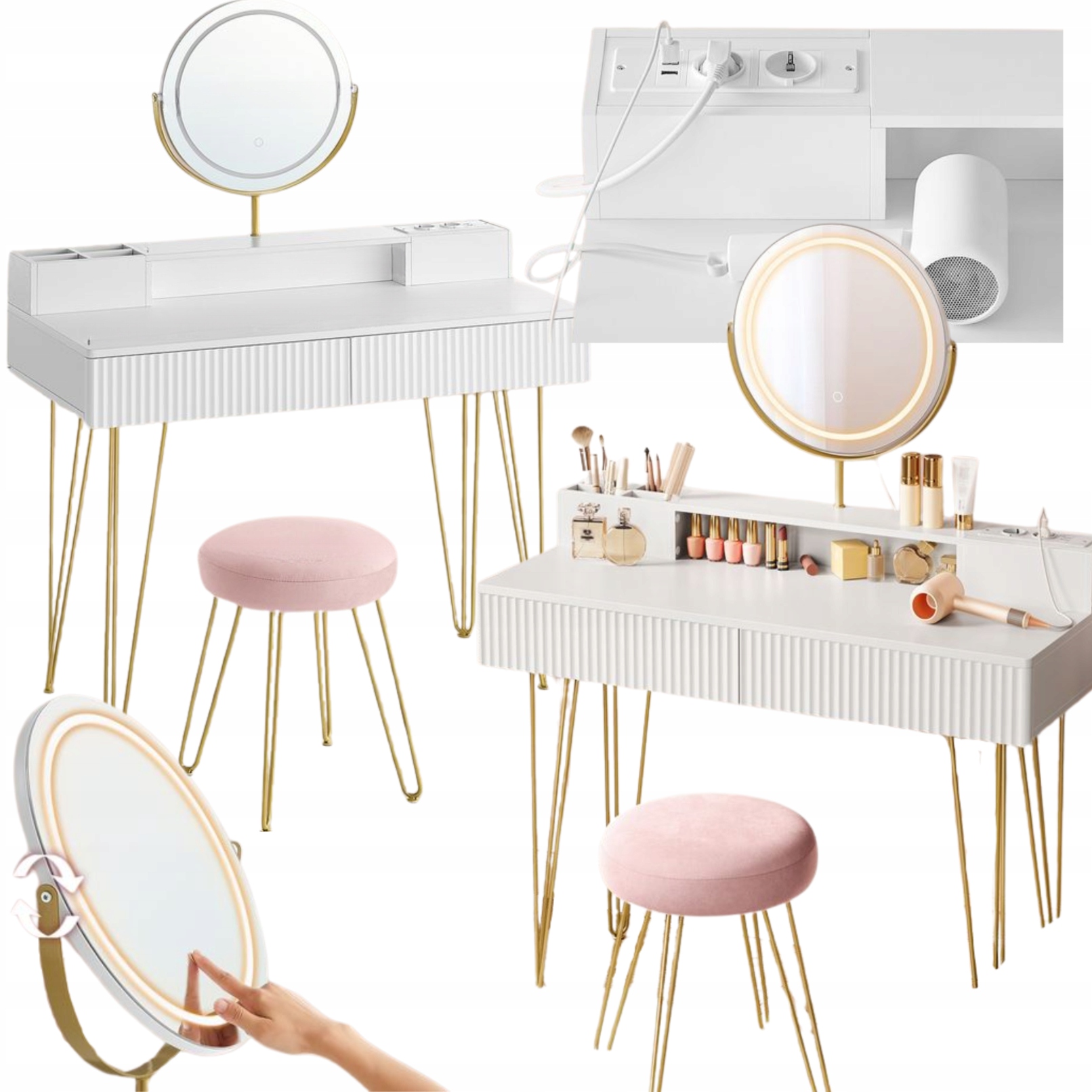 Toaletka s Led zrkadlom a stoličkou, stôl na líčenie s zásuvkou