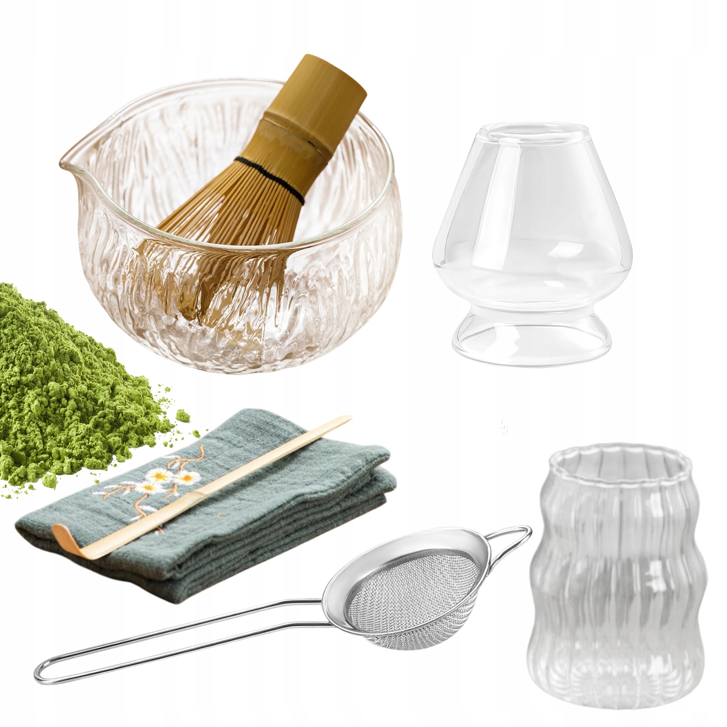 Sada Matcha Premium Bambusová Šlehací Metla Sítko Skleněná Část Dárek