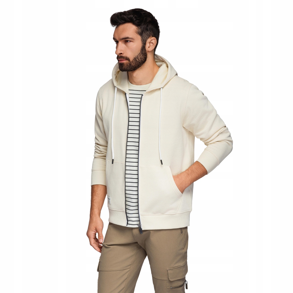 Męska bluza dresowa Basic rozpinana z kapturem kremowa V11 OM-SSBZ-0178 M