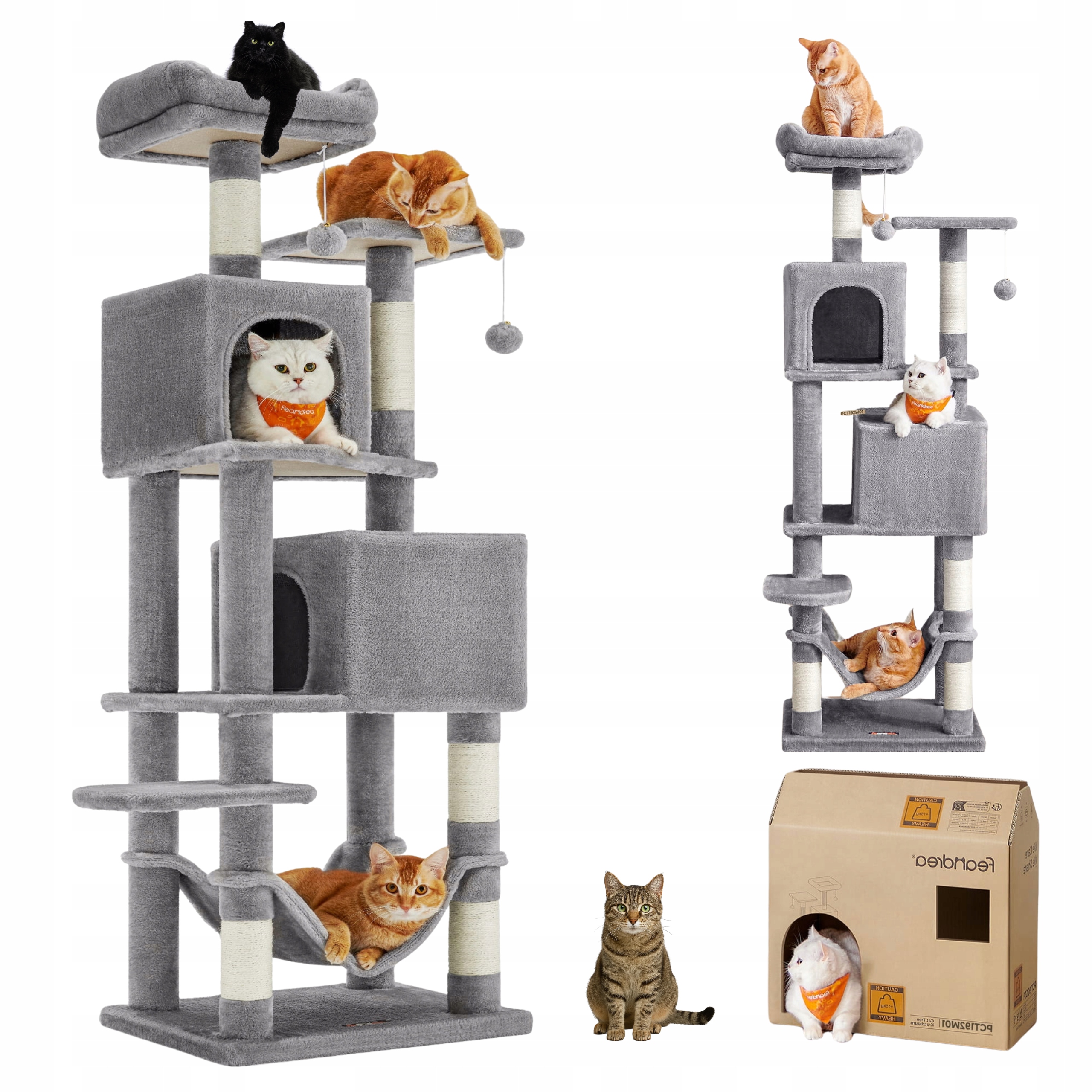 Levně Škrabadlo Pro Kočky 155 cm Velké Víceúrovňové 2 Lůžka Jeskyně Houpací Síť Šedá