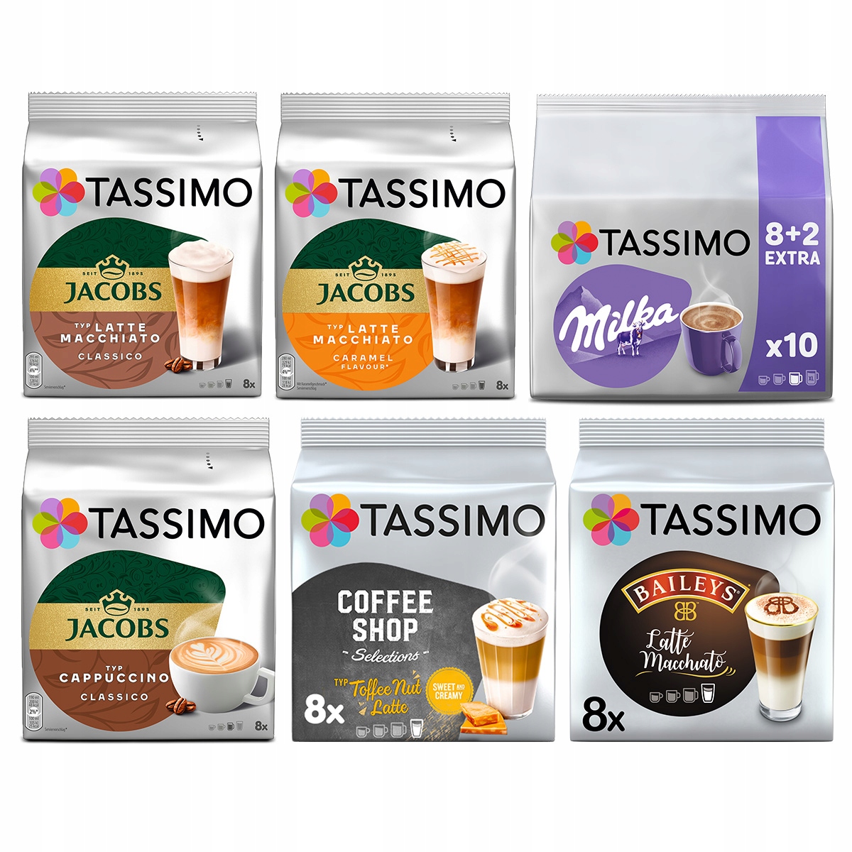 Kapsułki Tassimo Jacobs kawy mleczne, Latte, Cappucino, 5+1 Gratis!