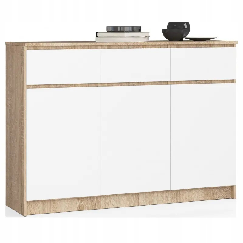 

Komoda salon 140 sonoma biała 3 szuflady 3 drzwi