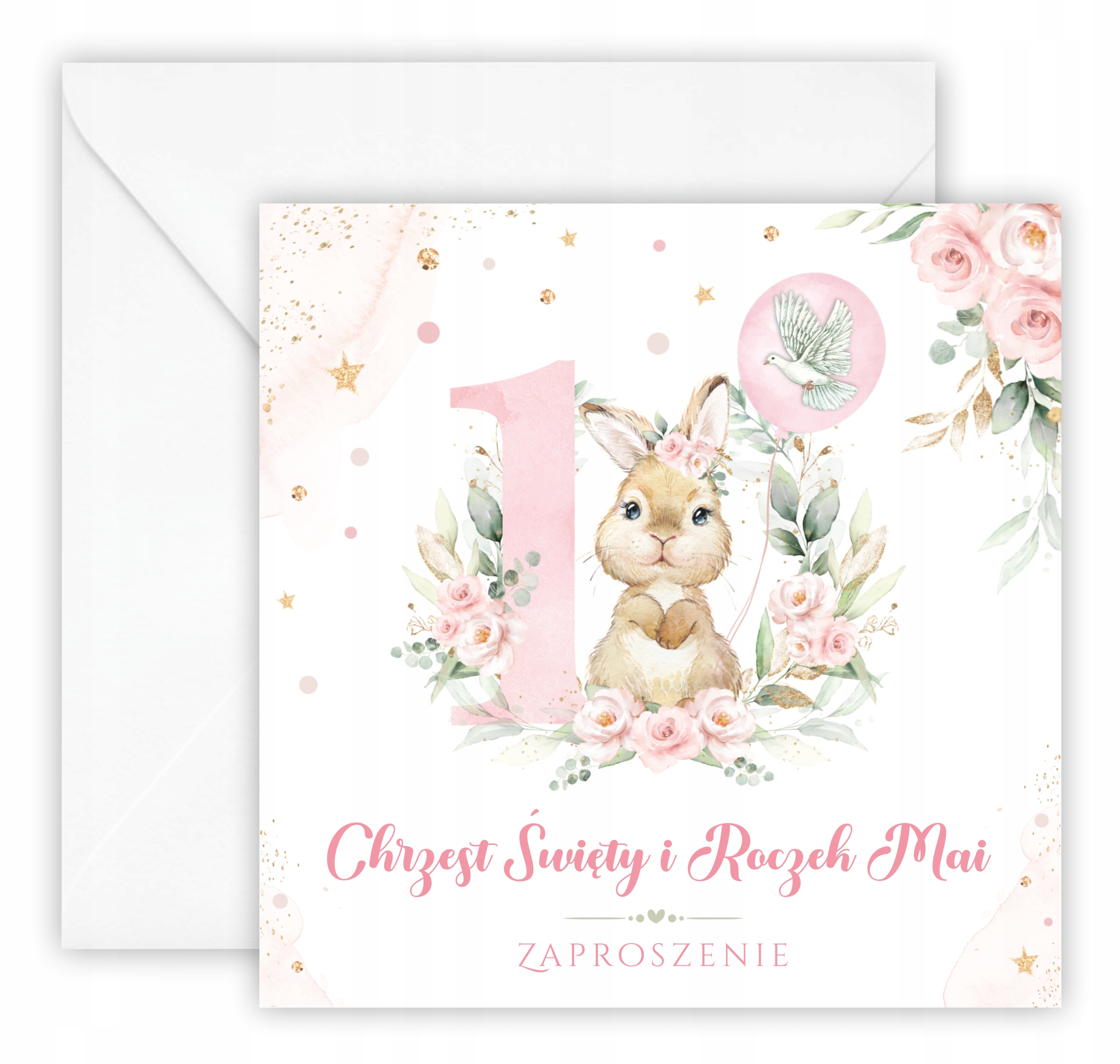 ZAPROSZENIA NA CHRZEST I ROCZEK SŁODKI KRÓLICZEK KOPERTA RÓŻOWA Kolor dominujący wielokolorowy