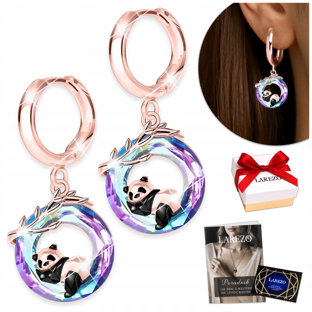 Pozlacené Náušnice s Panda a barevnými krystaly, kroužky s pandou, Stříbro 925