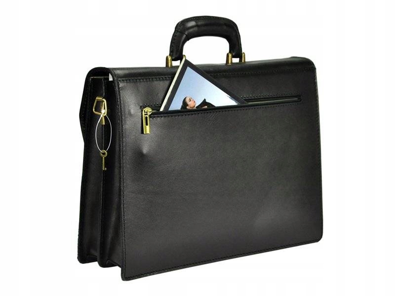 MĘSKA TECZKA SKÓRZANA CZARNA NA DOKUMENTY LAPTOP Kolor okuć złoty