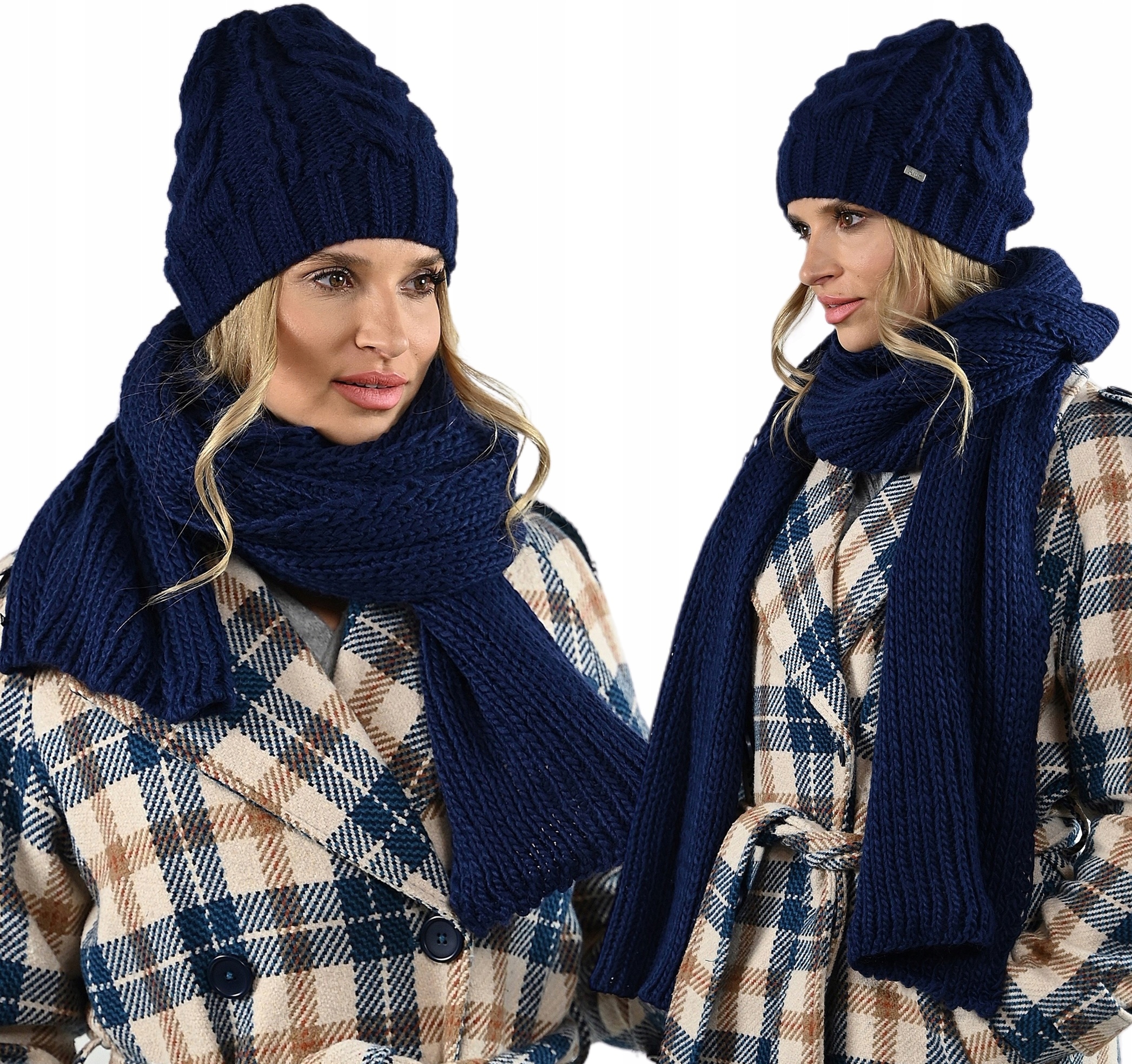 Tmavě Modrý dámský teplý Komplet Čepice Zimní šála polský výrobek