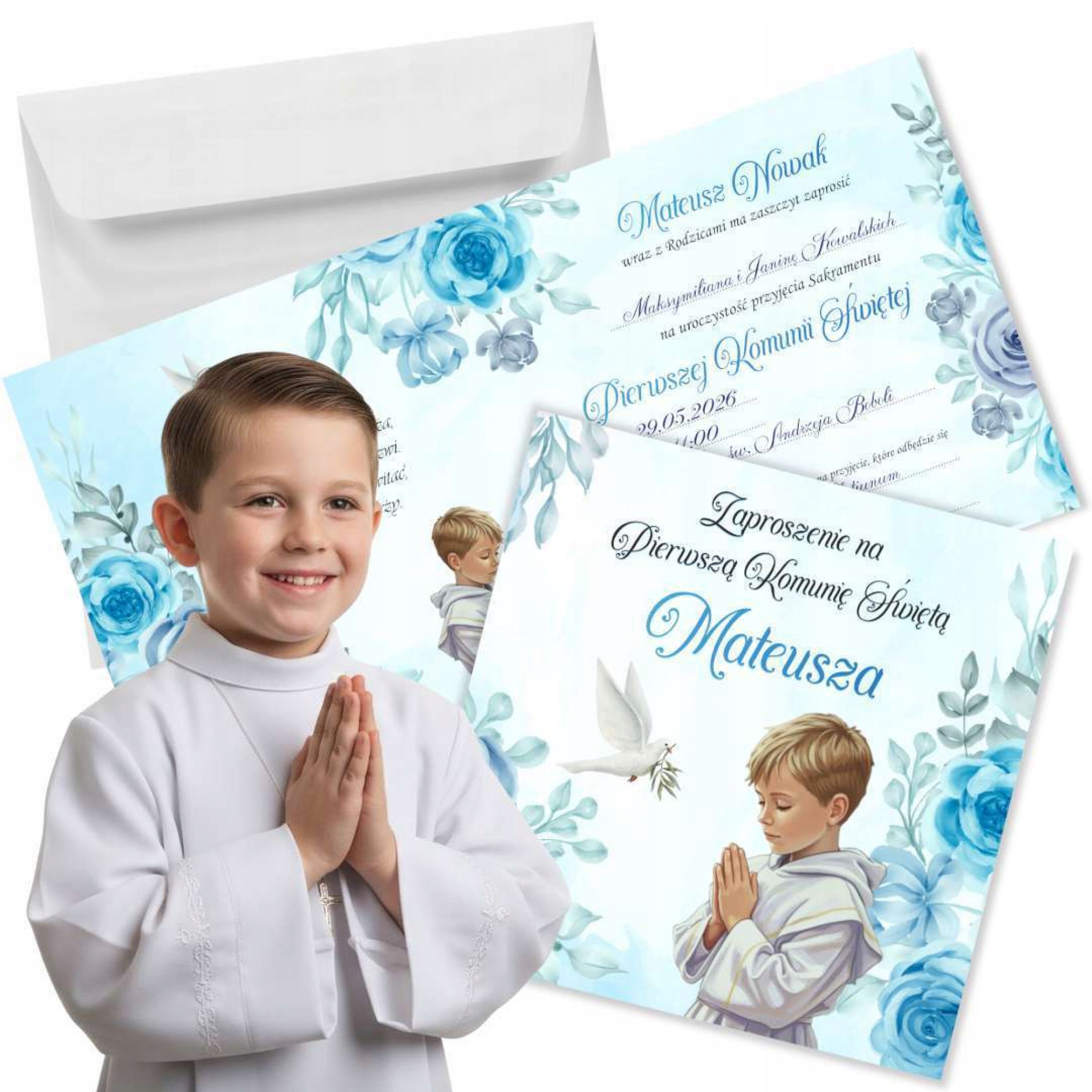 ZAPROSZENIE na KOMUNIĘ dla chłopca PERSONALIZOWANE + IMIĘ + KOPERTA x1
