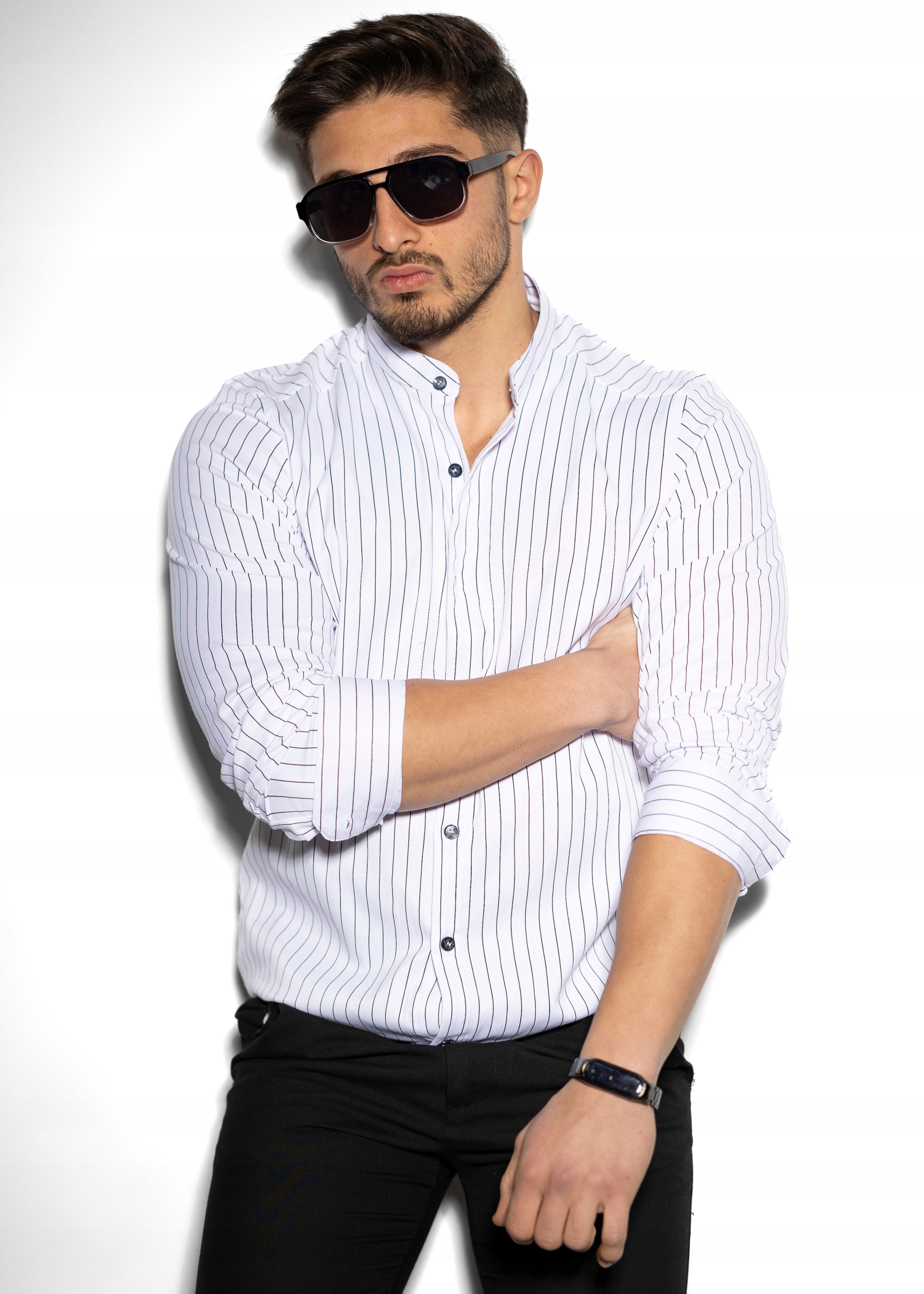 KOSZULA MĘSKA SLIM XL W PASKI BIAŁA ZE STÓJKĄ ELEGANCKA Kolor biały