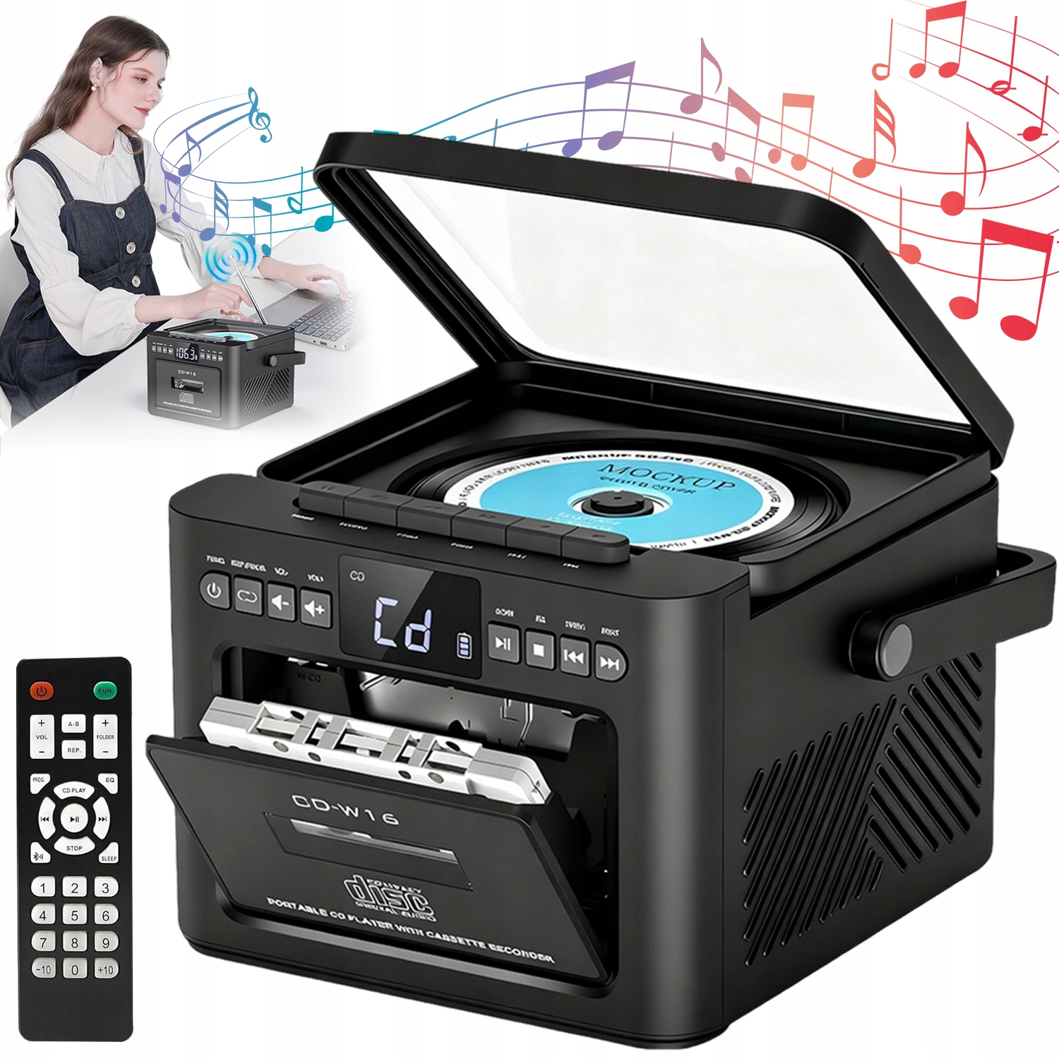 ODTWARZACZ CD Z RADIEM FM BLUETOOTH MAGNETOFON USB SD PILOT 5000MAH CZARNY