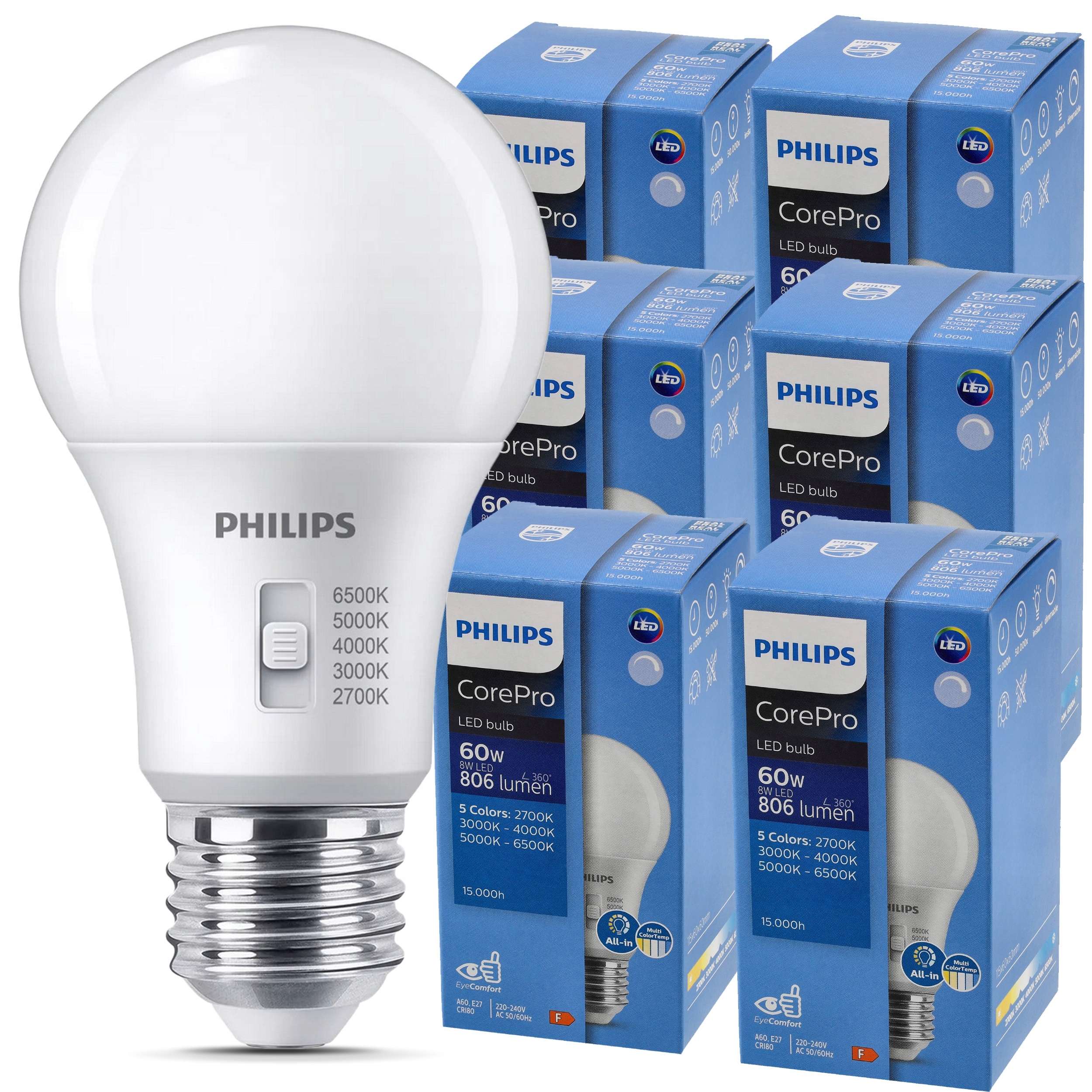 Led žárovka stmívatelná E27 8W 60W 806lm 5CCT CorePro 2700K 6500K 6x