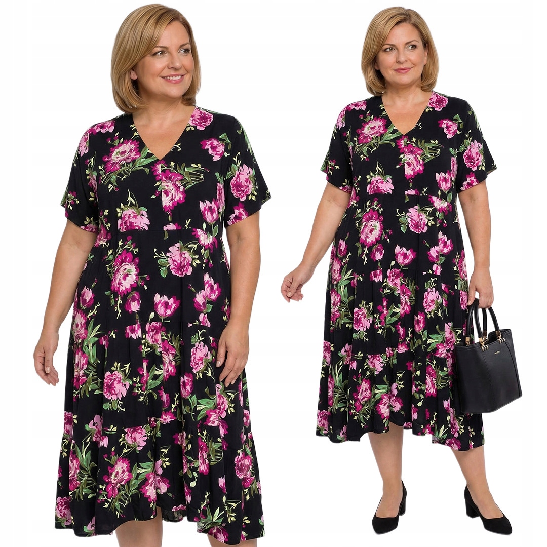 Černá šaty s růžovo-fialovými květy plus size velikost 64