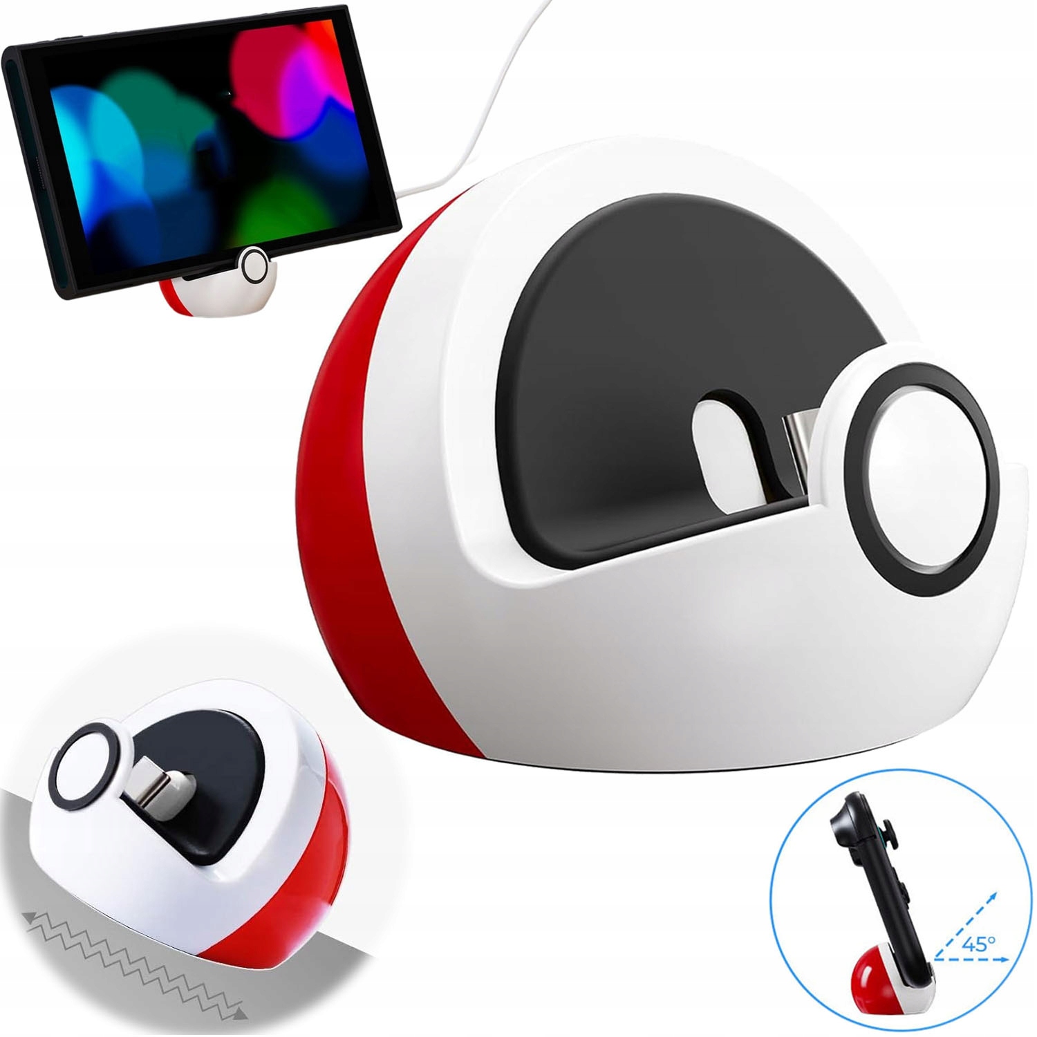 ŁADOWARKA STOJAK DO NINTENDO SWITCH Z DESIGNEM POKEBALL 45° CZERWONO-BIAŁA