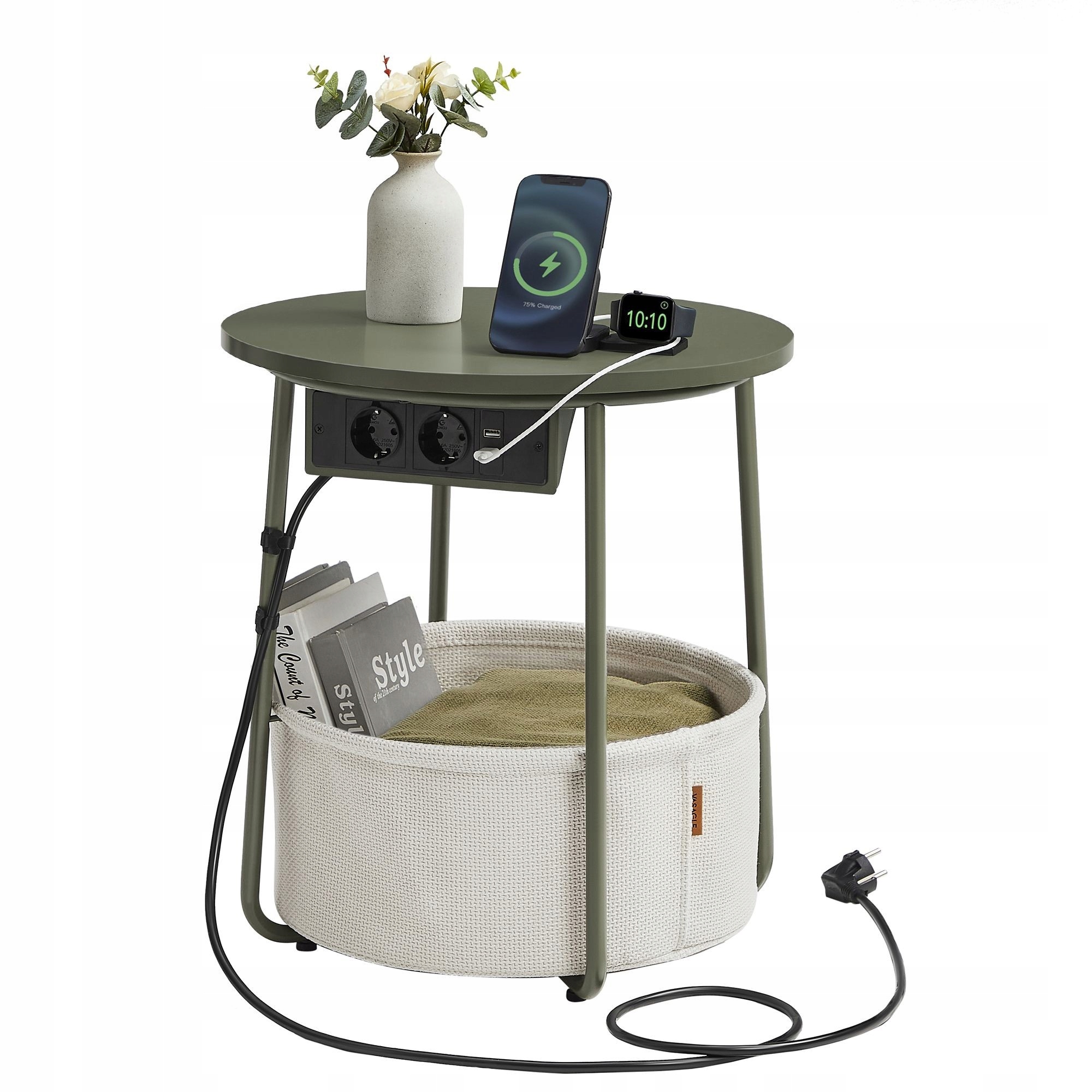 Olivová lavička konferenčný stolík s novinovým stolíkom a napájacou lištou pod doskou