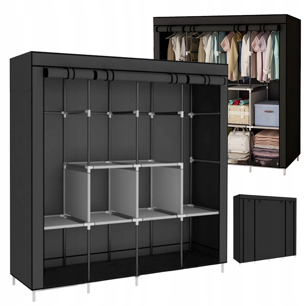Skříň Látková Skládací Šatní Skříň 2 Věšáky 14 Mřížka 170X170X45 CM Černá