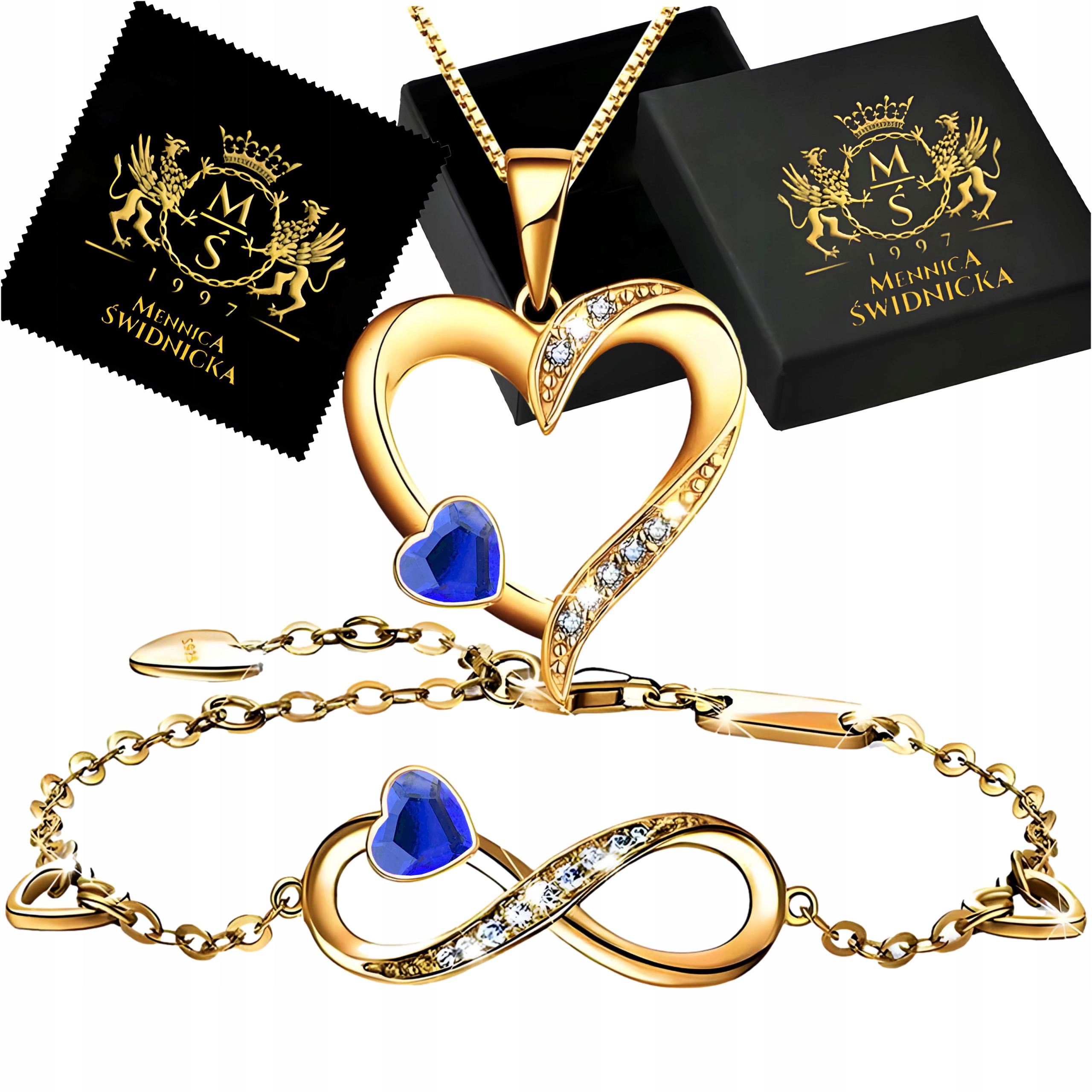Zlatý komplet Náhrdelník Srdce Náramek Infinity Stříbro 925 Dámský Gravírování