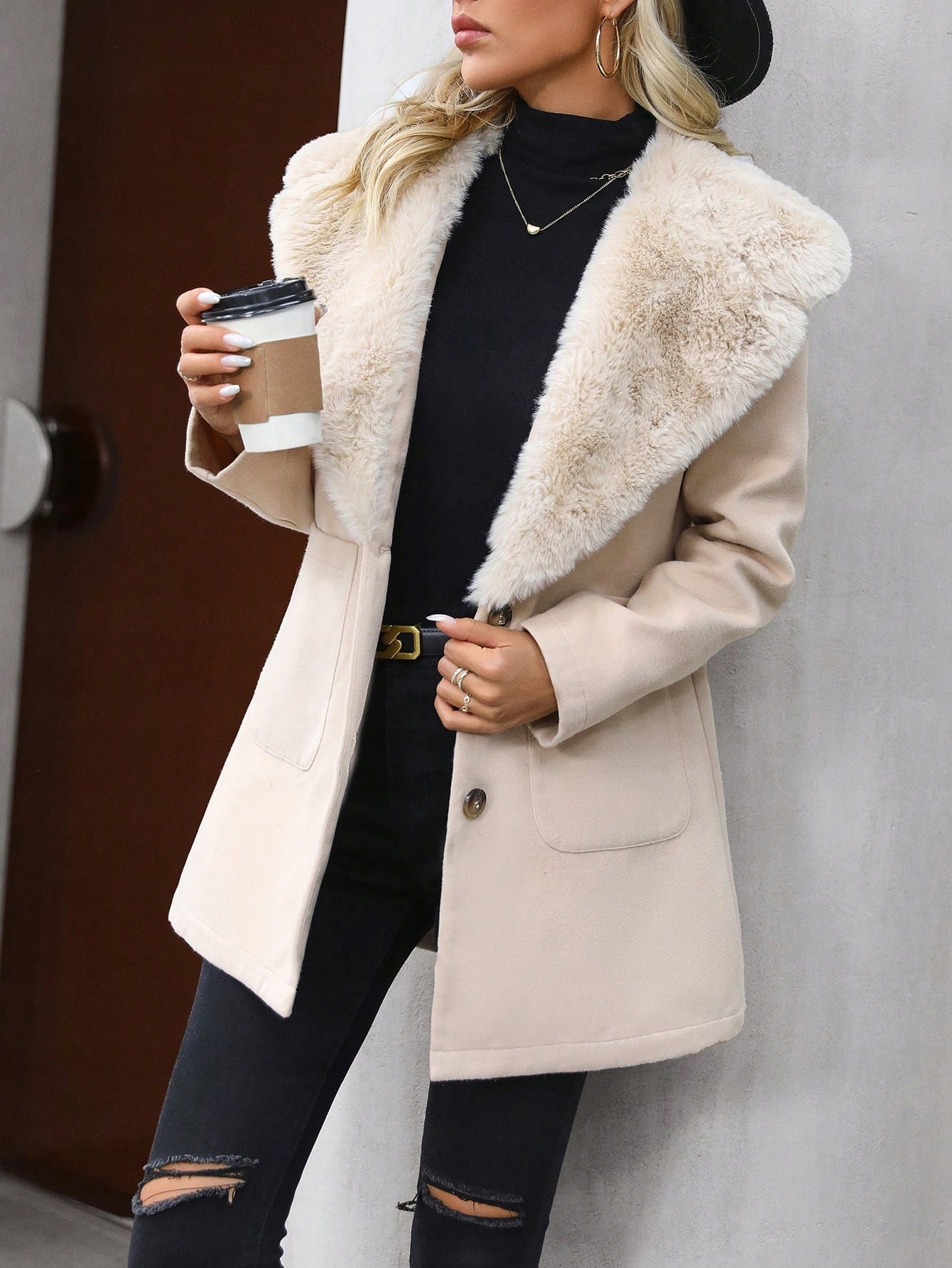 ELEGANCKI PŁASZCZ ZIMOWY DAMSKI JESIENNY OCIEPLANY Z FUTERKIEM CIEPŁY Marka inna