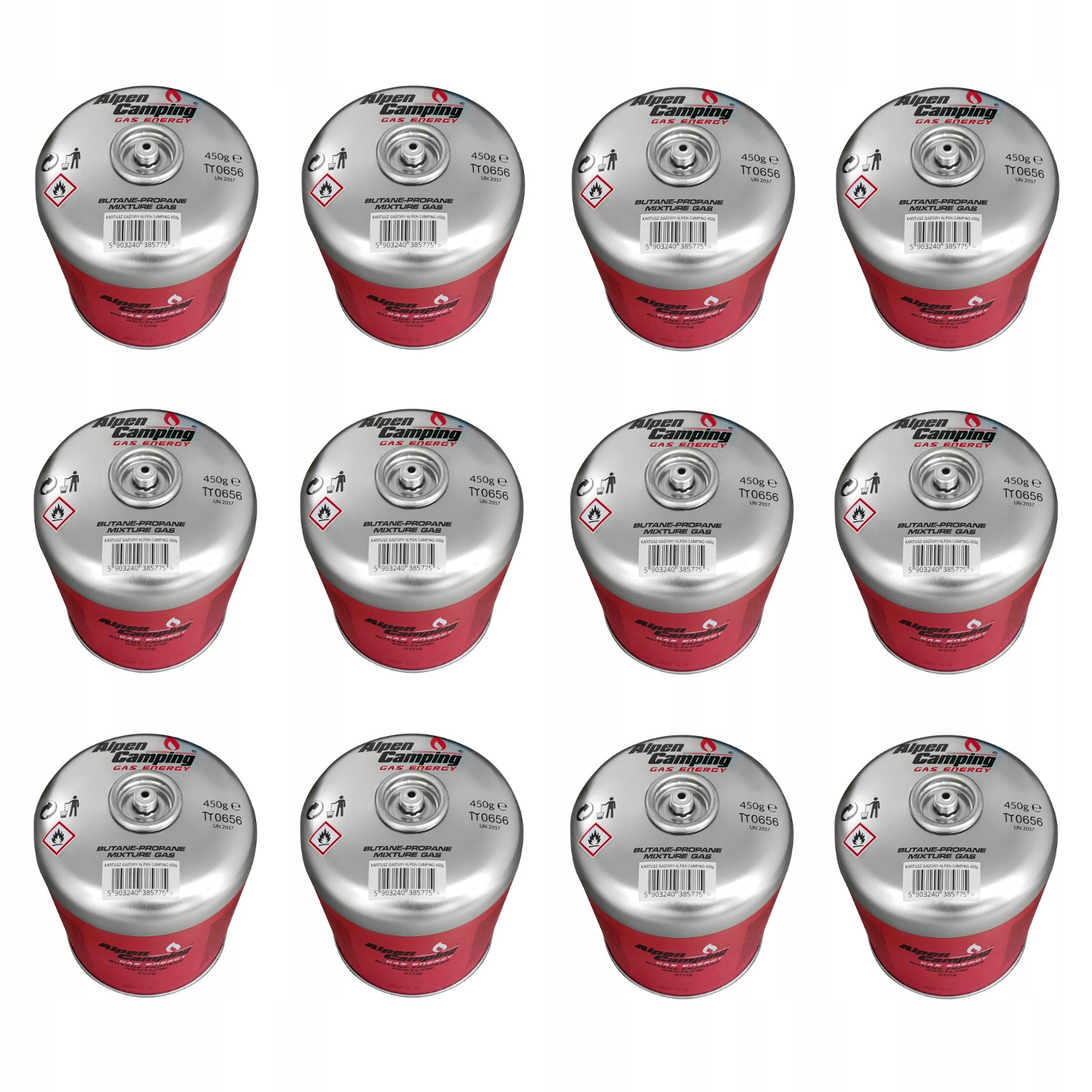 12 x plynová kartuše se závitem 450 g Alpen Camping pro Turistický Vařič