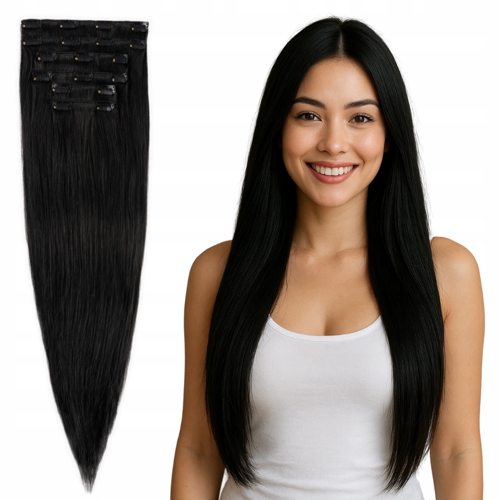 Clip In příčesek do vlasů přírodní 60 cm 130 g #1 hluboká černá