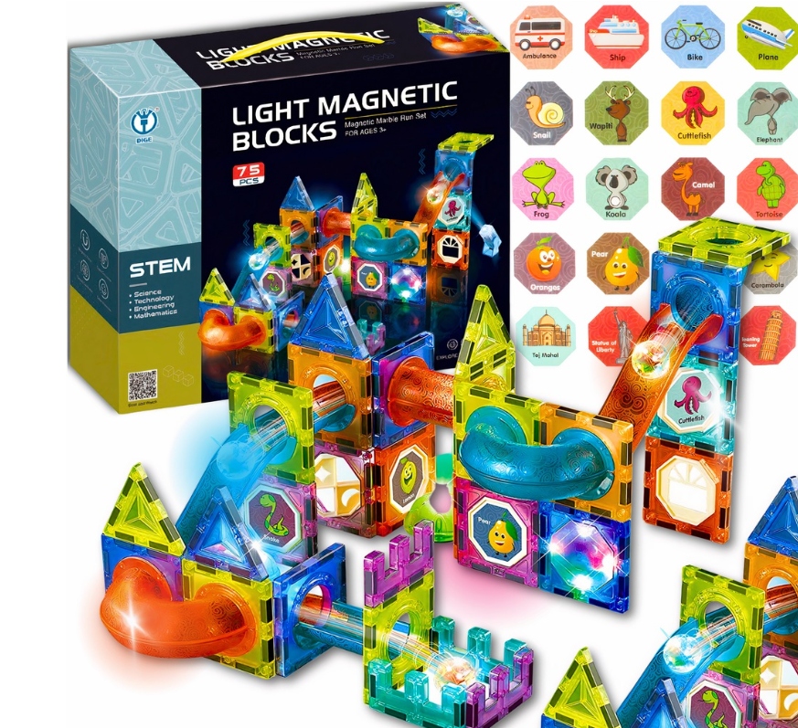 KLOCKI MAGNETYCZNE KONSTRUKCYJNE ŚWIECĄCY TOR 75 ELEMENTÓW DUŻY ZESTAW