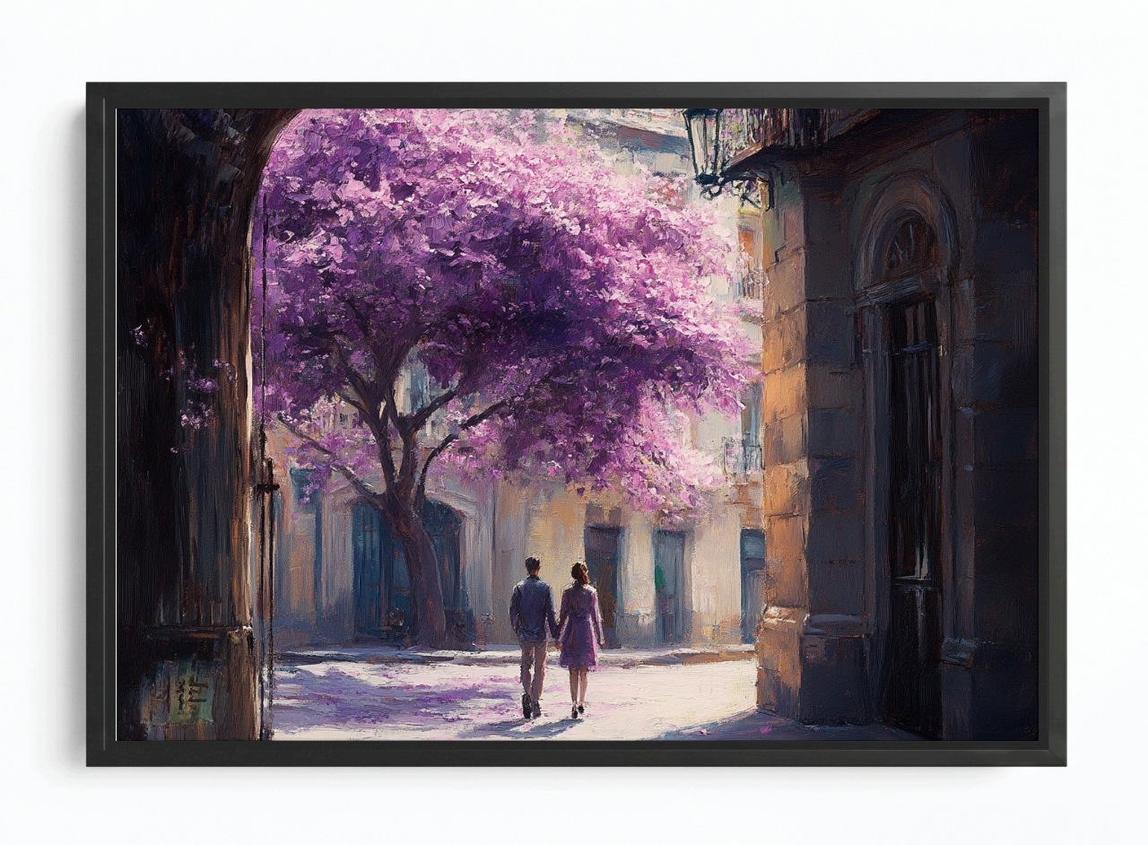 Obraz Rám Americký Box Akvarel Město Fialové Dřevo Pár Procházka 60x40