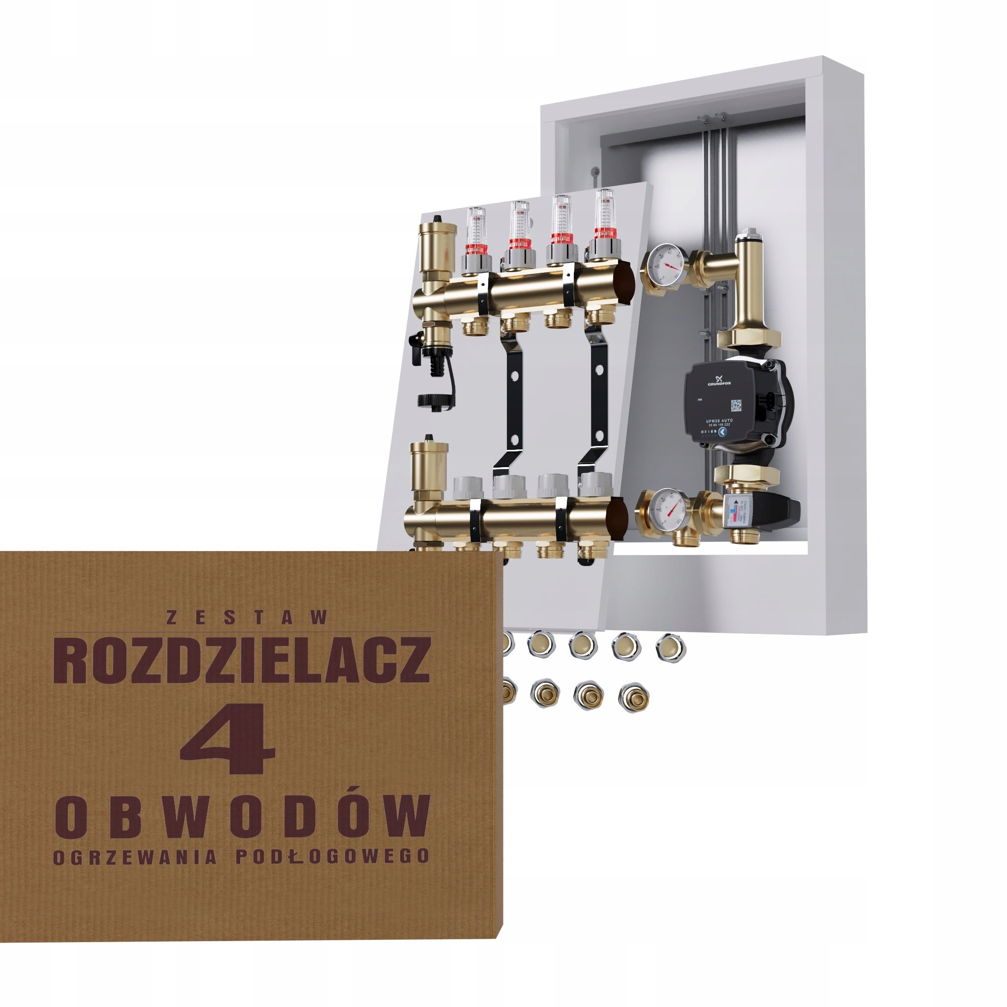 Rozdělovač pro podlahu 4 sekce s čerpadlem GRUNDFOS+nástěnná skříňka+PEX