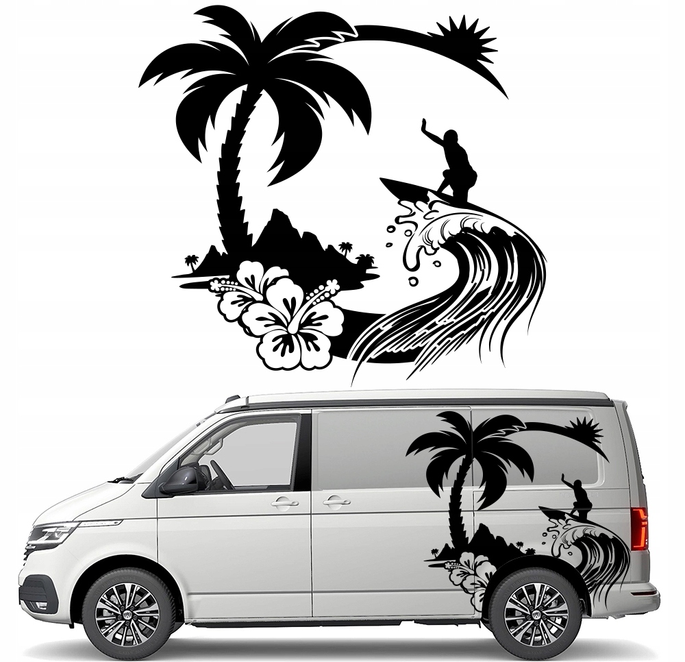Samolepka Grafika pro karavan a auto Surfing Palmy Tropiki Fale Beach 94x87
