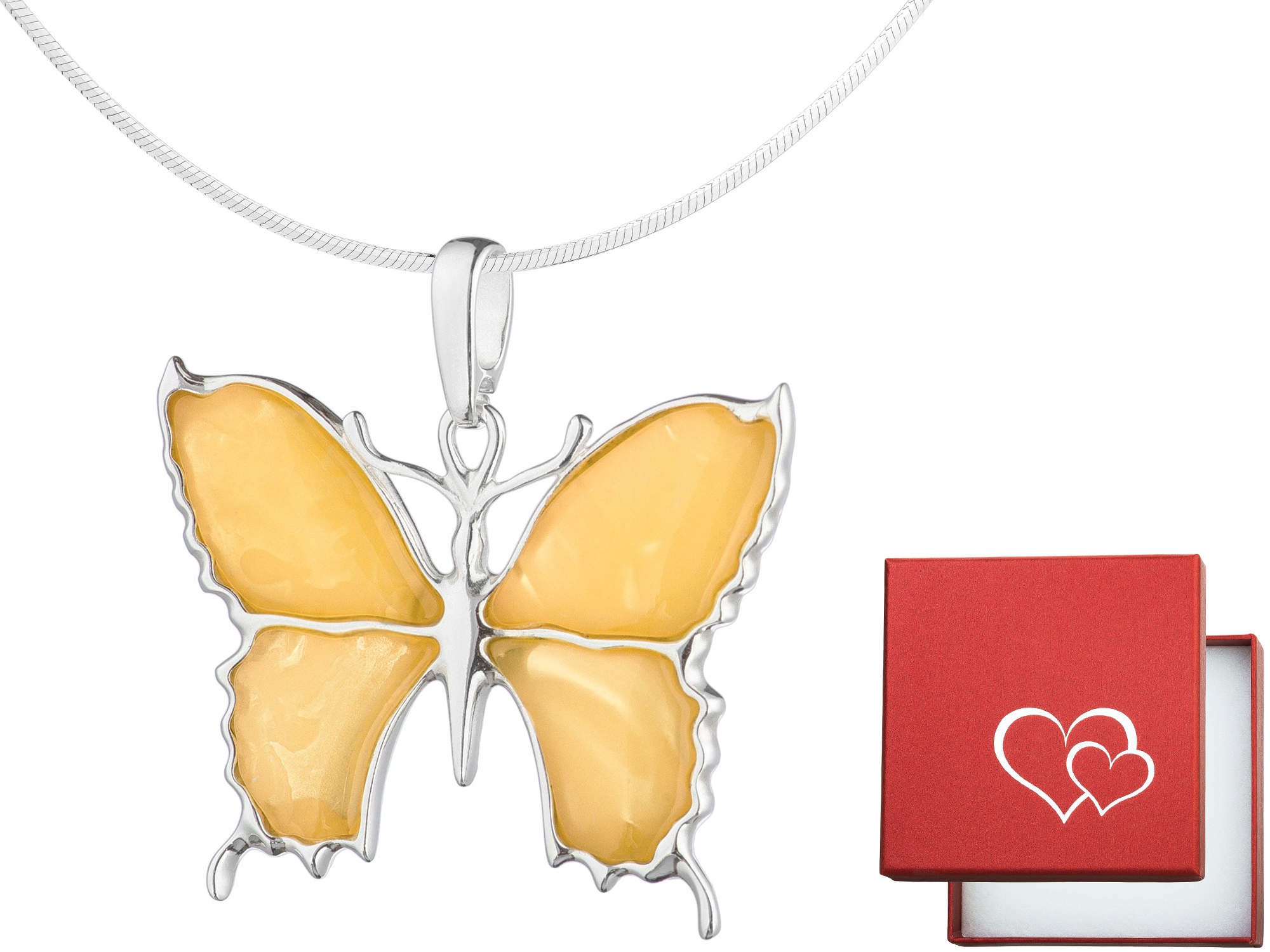 Velký stříbrný náhrdelník Motýl s jantarem Stříbro Mléčný jantar Dlouhý 55