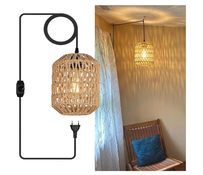Retro závěsná lampa E27 ratanový stmívač kabel 4,5 m