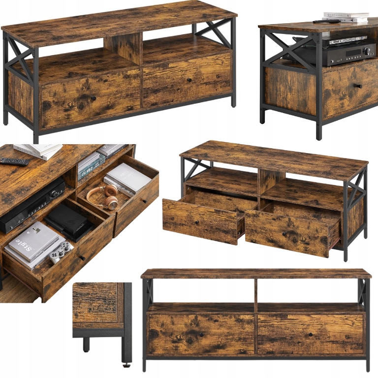 Rtv skrinka 120 cm Loft Pod televízor Industriálna komoda Zásuvky Polička Bronz