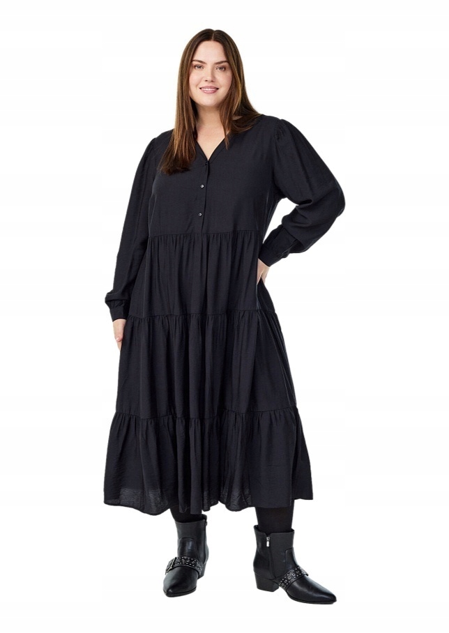 Zizzi Elegantní Černá Šaty MIDI Falbany 532D 48