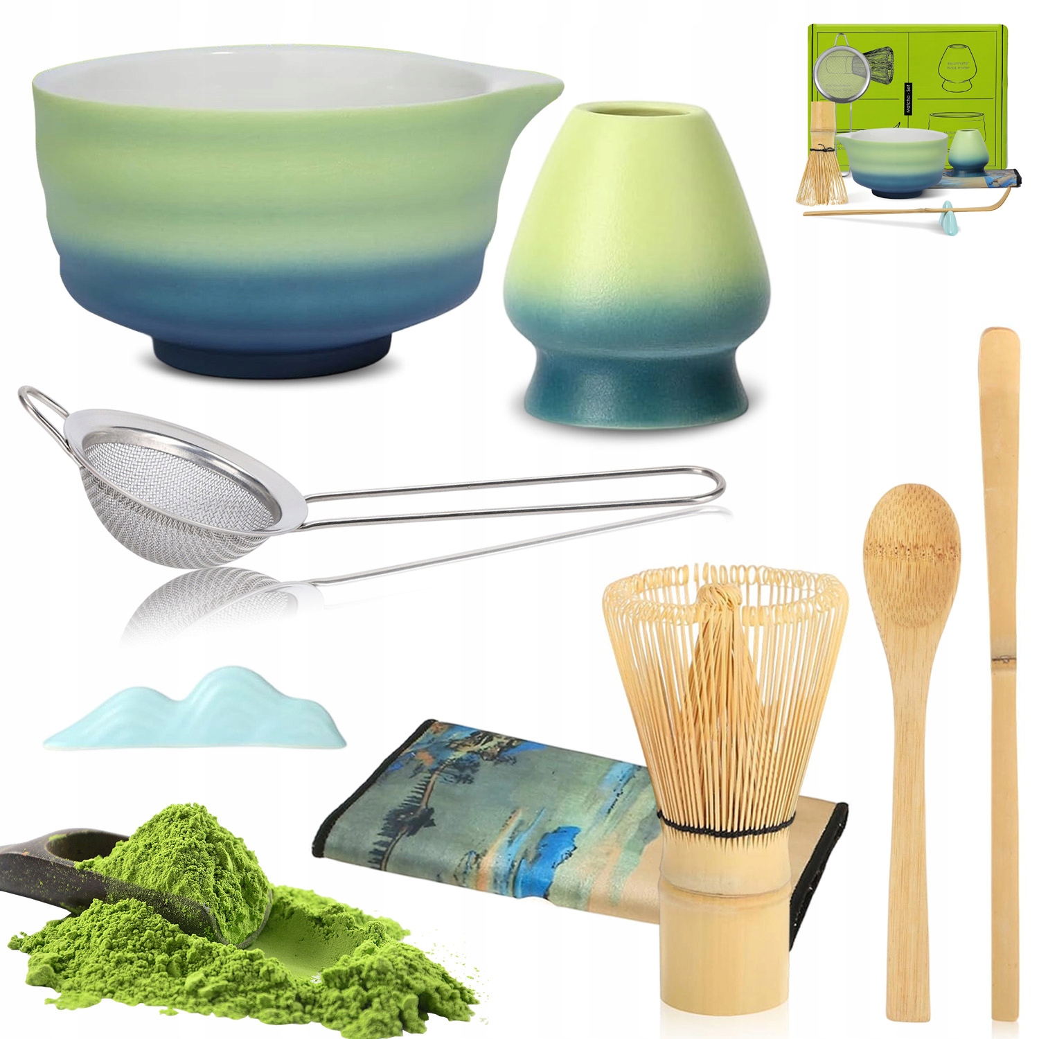 Levně Dárková Sada Šálek Matcha, Hrnek, Štětec, Zelený, 7 Ks Jako Dárek