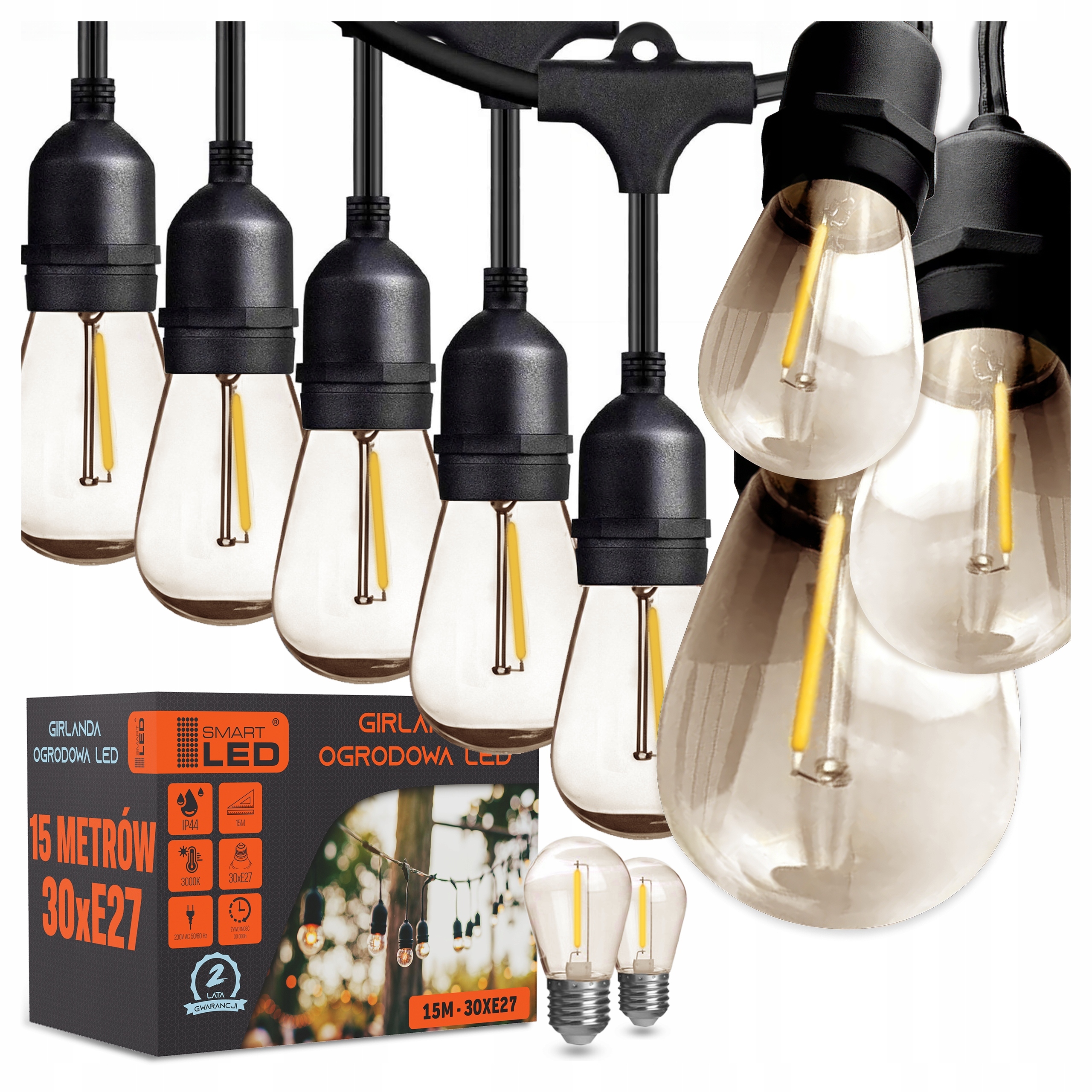 Zahradní světelná girlanda 15M 30X Led žárovka E27 vodotěsný kabel