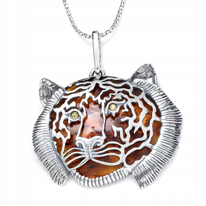 Stříbrný Přívěsek Tygra S Jantarem