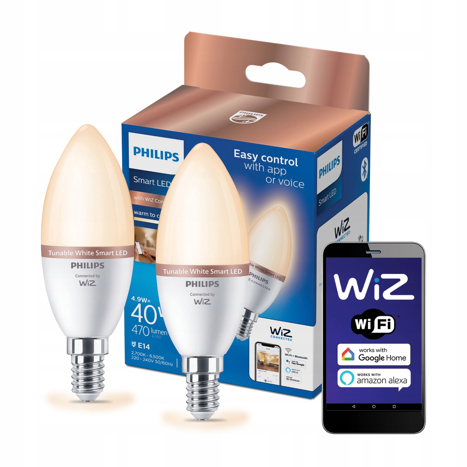 2x Led žárovka E14 4.9W 40W Inteligentní Smart WiFi Aplikace WiZ Philips