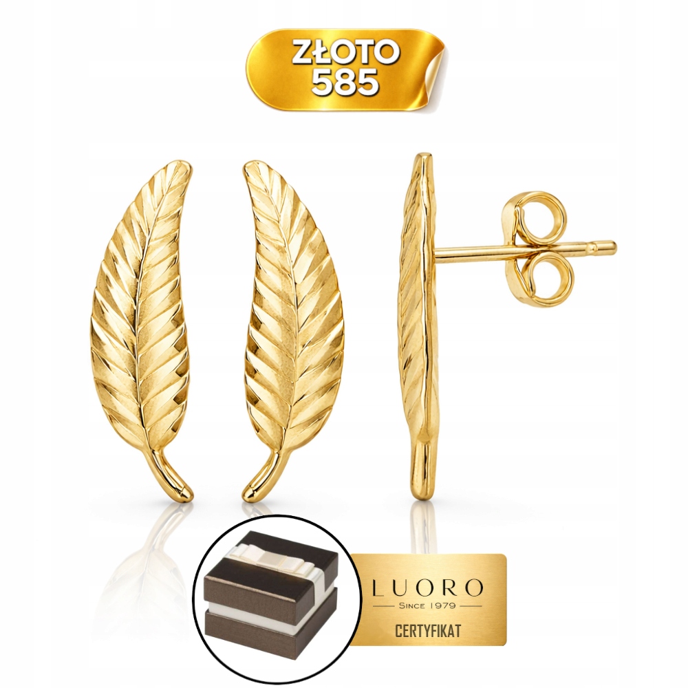 Náušnice Zlaté 585 14K Diamantové Lístky 18 MM Elegantní Tyčinka