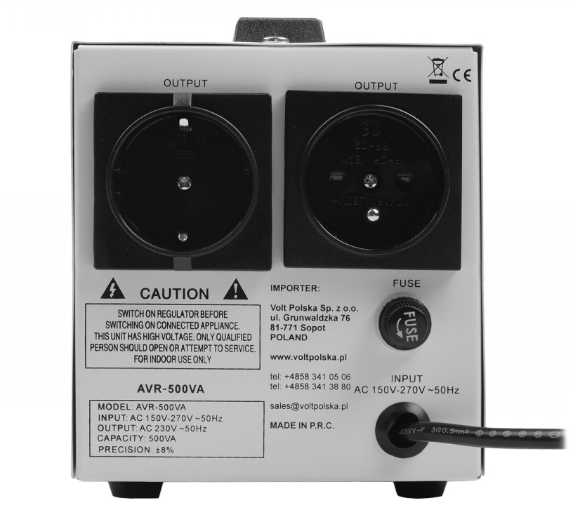 STABILIZATOR NAPIĘCIA AVR 500VA 500 8% PRECYZJI VOLT POLSKA POD AGREGAT Kod producenta STABILIZATOR AVR NAPIĘCIA PRĄDU 230V