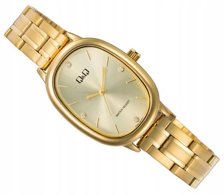 Elegantní Oválné Zlaté Dámské Hodinky Na Náramku Q&q Q06C-001P Zirkony
