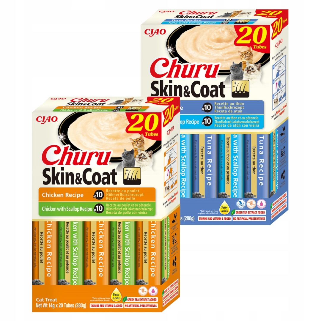 Levně Inaba Cat Churu Skin & Coat 40x14g Pamlsek Pro Kočky s kuřecím masem a tuňákem