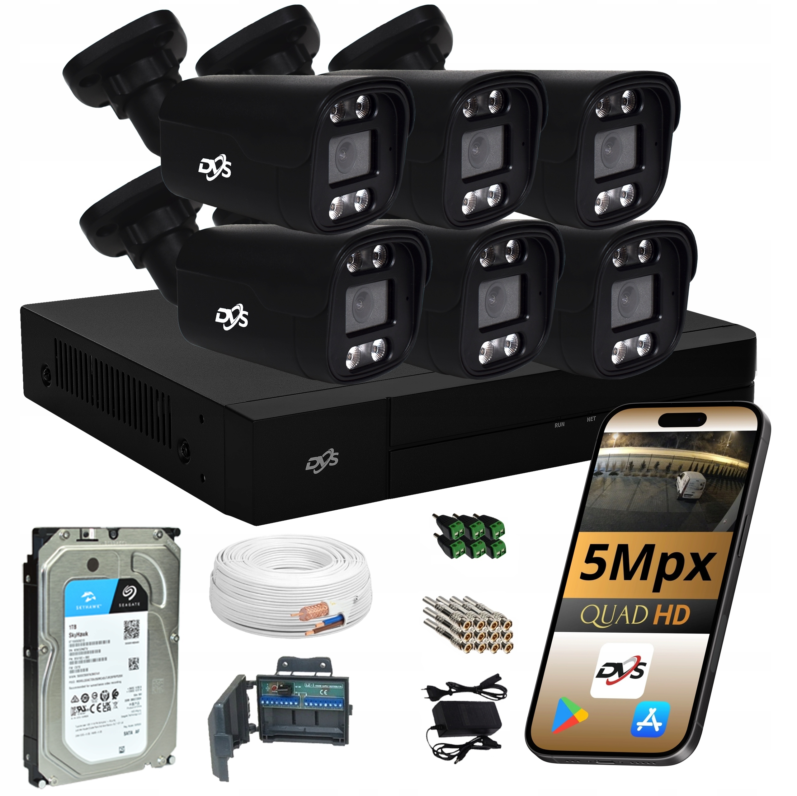 Sada 6 Černých Venkovních Analogových Kamer Tuba 5Mpx Dvs Disk 1TB