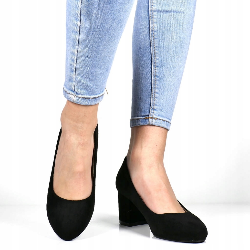 DAMSKIE CZÓŁENKA NA NISKIM OBCASIE CZARNE ZAMSZ 39 Rozmiar 39