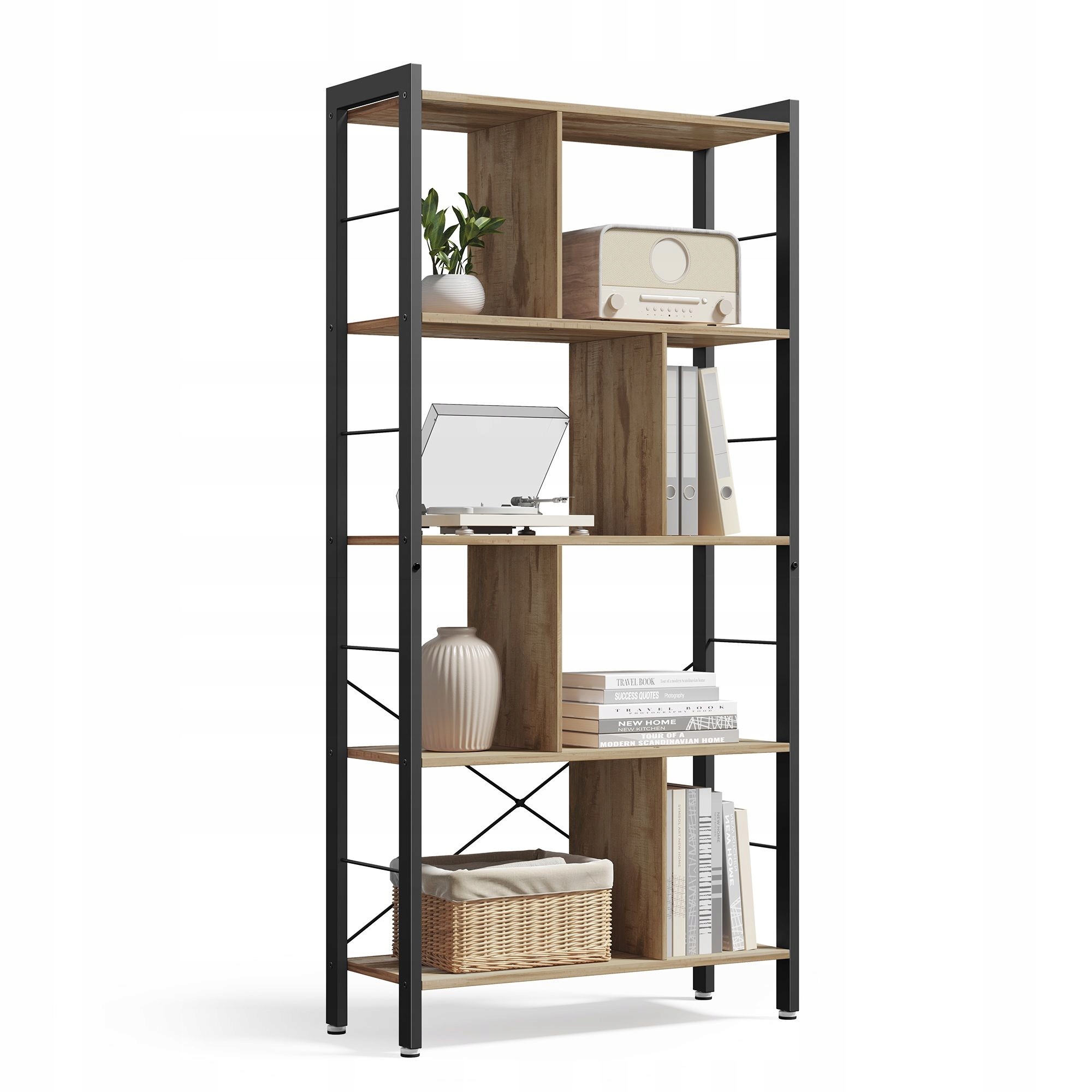Otvorený regál na knihy, zbierky, dekorácie a ozdoby, 5 políc, svetlohnedý, štýl loft