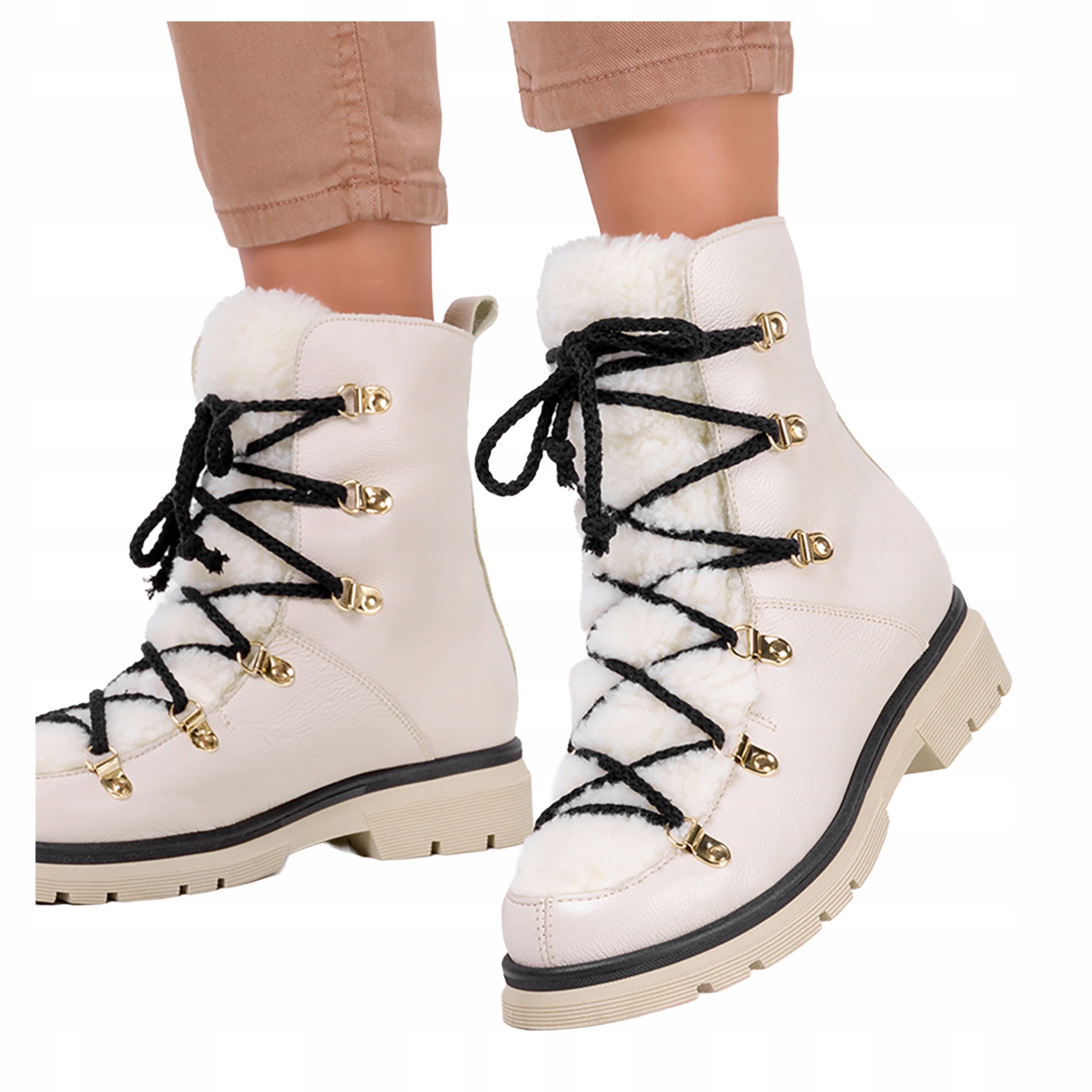 Sněhule Kotníkové Boty s kožíškem, béžové, Polský Výrobek, velikost 40