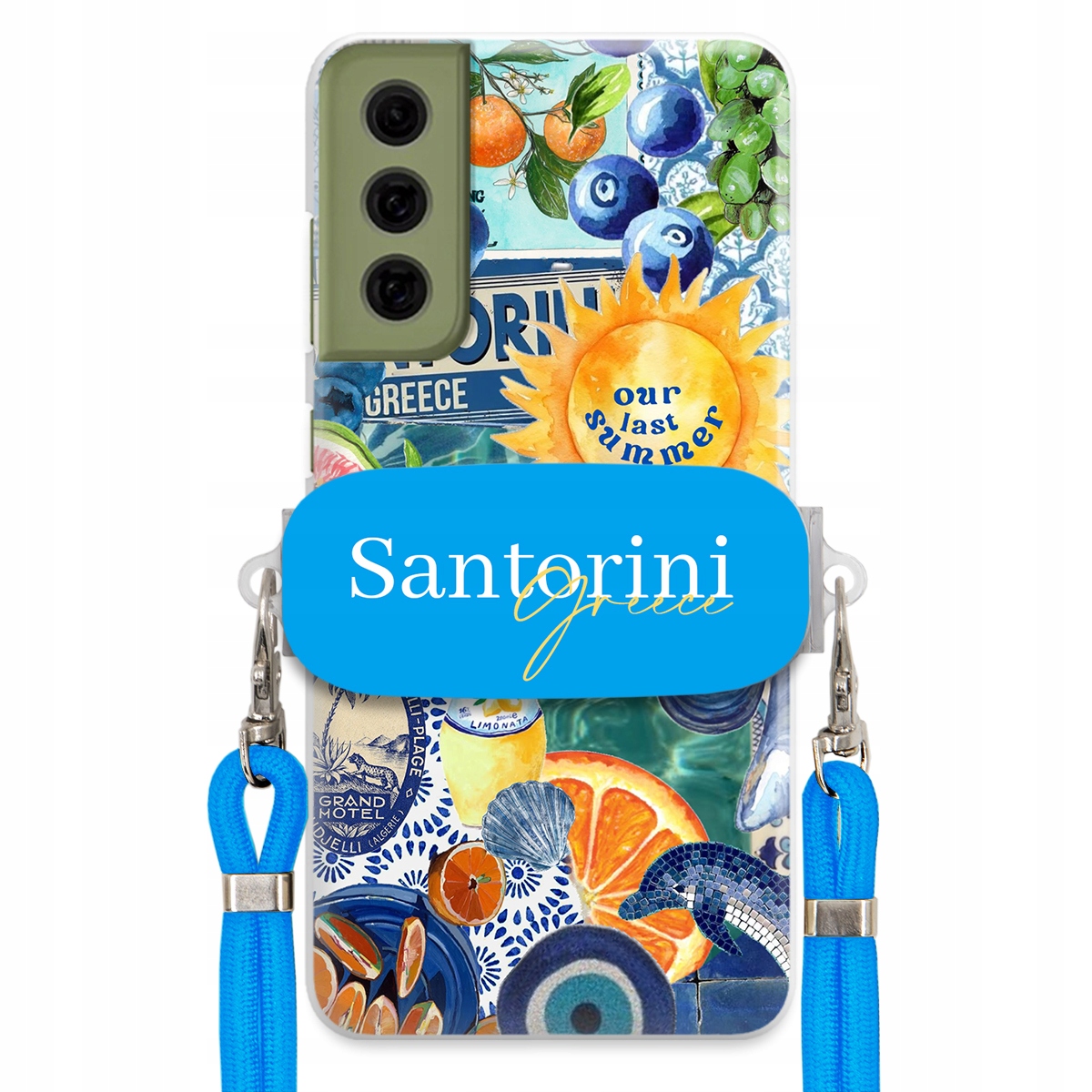 Pouzdro pro Samsung S21 Fe Modré Crossbody vodítko držák Santorini Greece