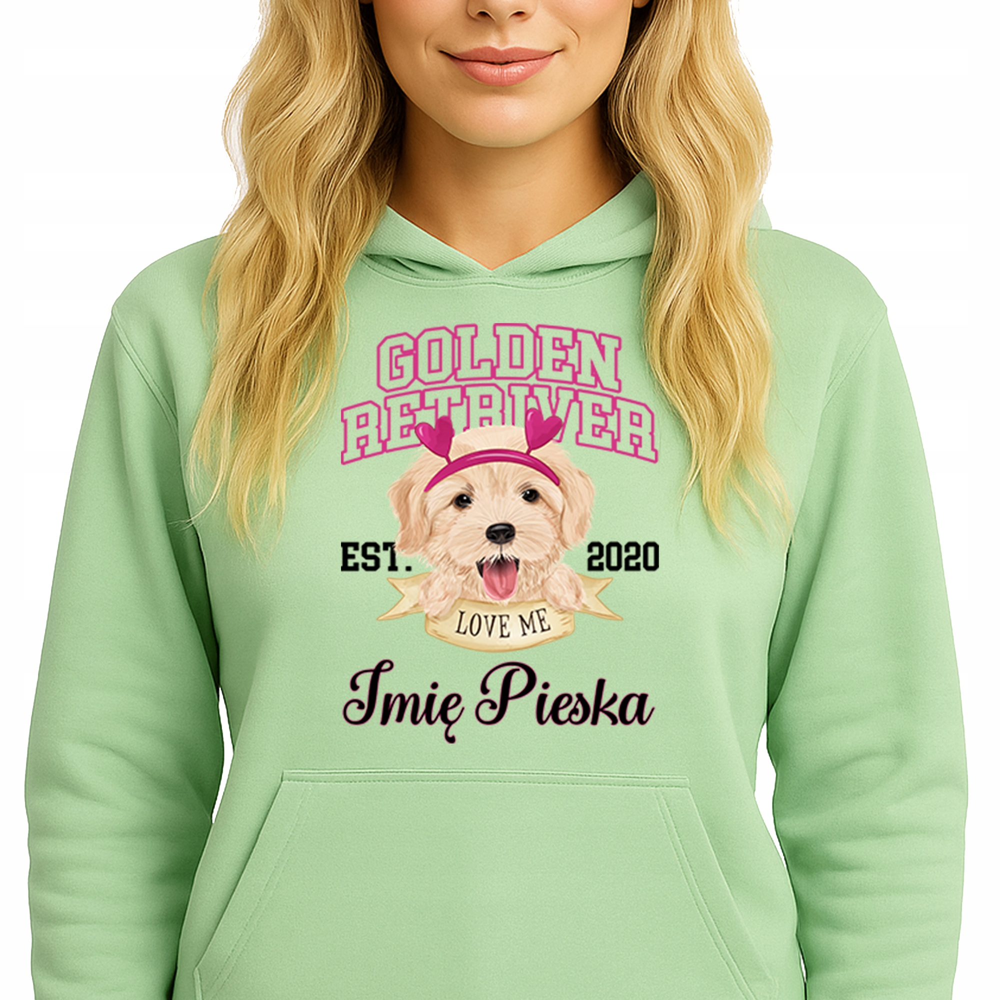 Mikina S Kapucí Zelená bavlněná mikina Golden Retriver Jméno pejska M