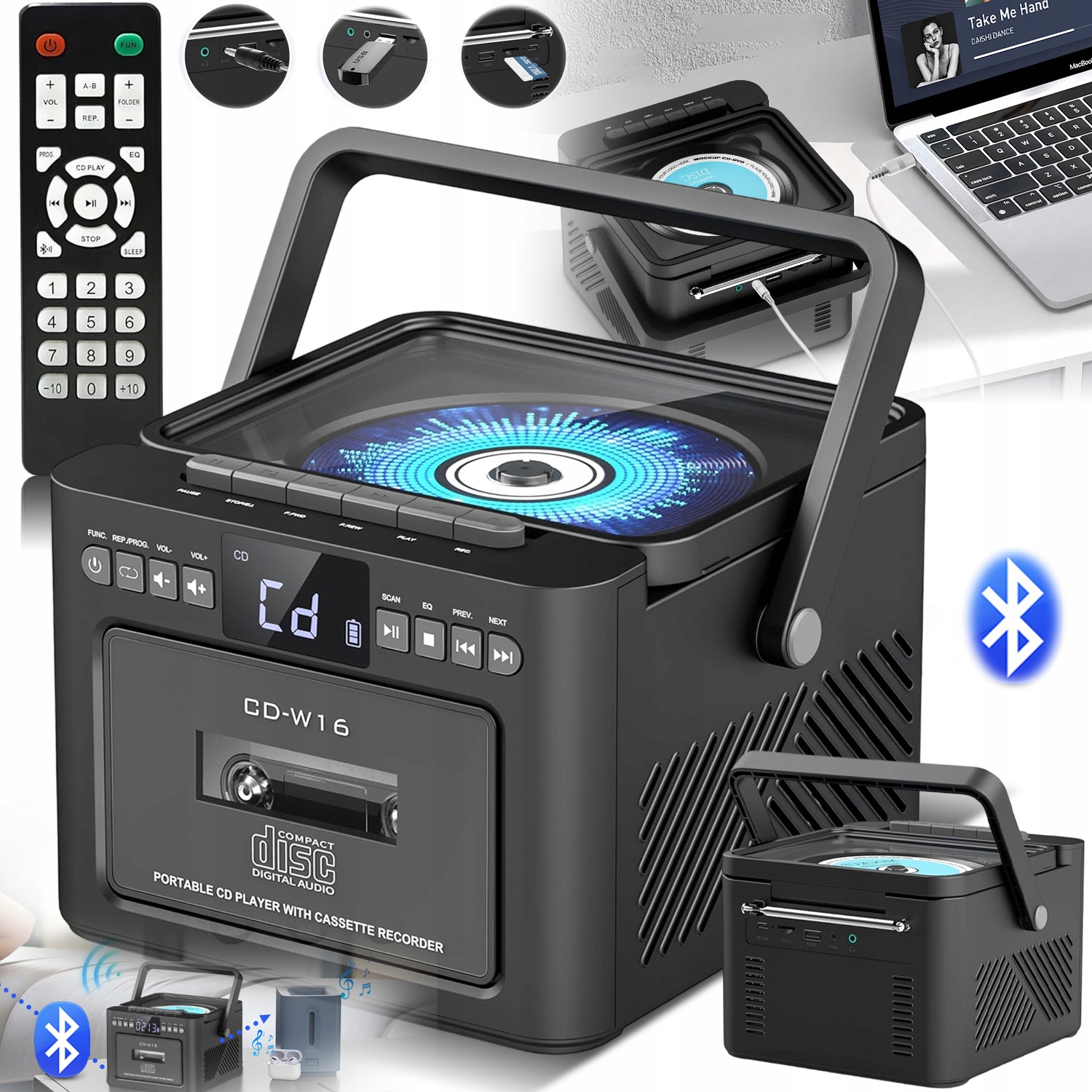 CD Přehrávač Bluetooth Kazeta Fm Rádio Discman MP3 Aux Reproduktory Černá