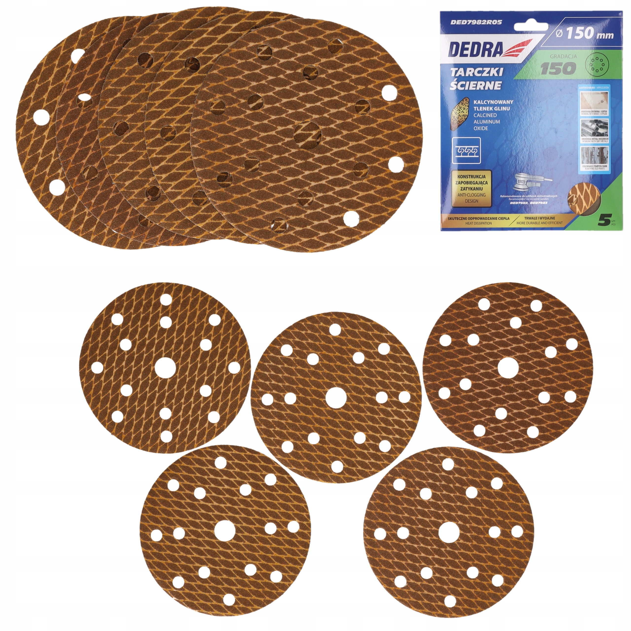 Krążki ścierne 150mm P150 Dedra szlifierki mimośrodowej Papier Tarcze 5szt