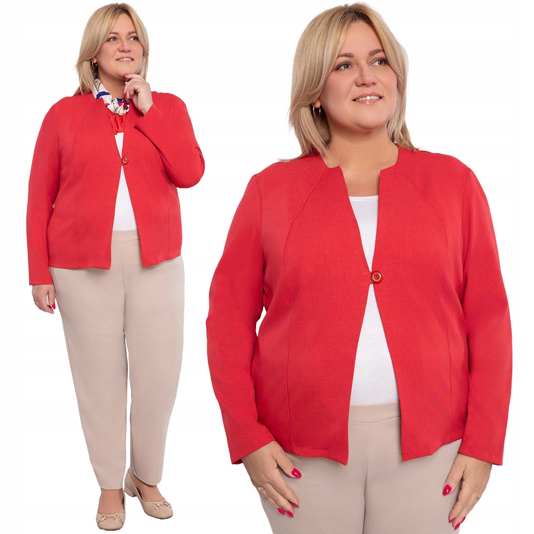 Lněná červená sako s kapsami plus size velikost 50