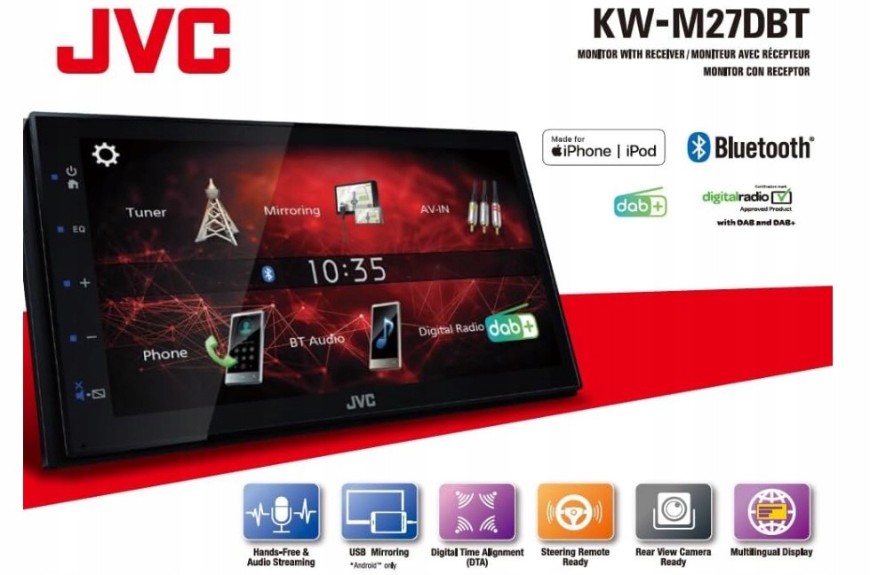 JVC KW-M27DBT radio 2-DIN DAB+ BT USB AUX MP3 FLAC IPHONE MIRRORING Radio informacja RDS pasmo AM pasmo FM radio cyfrowe DAB+