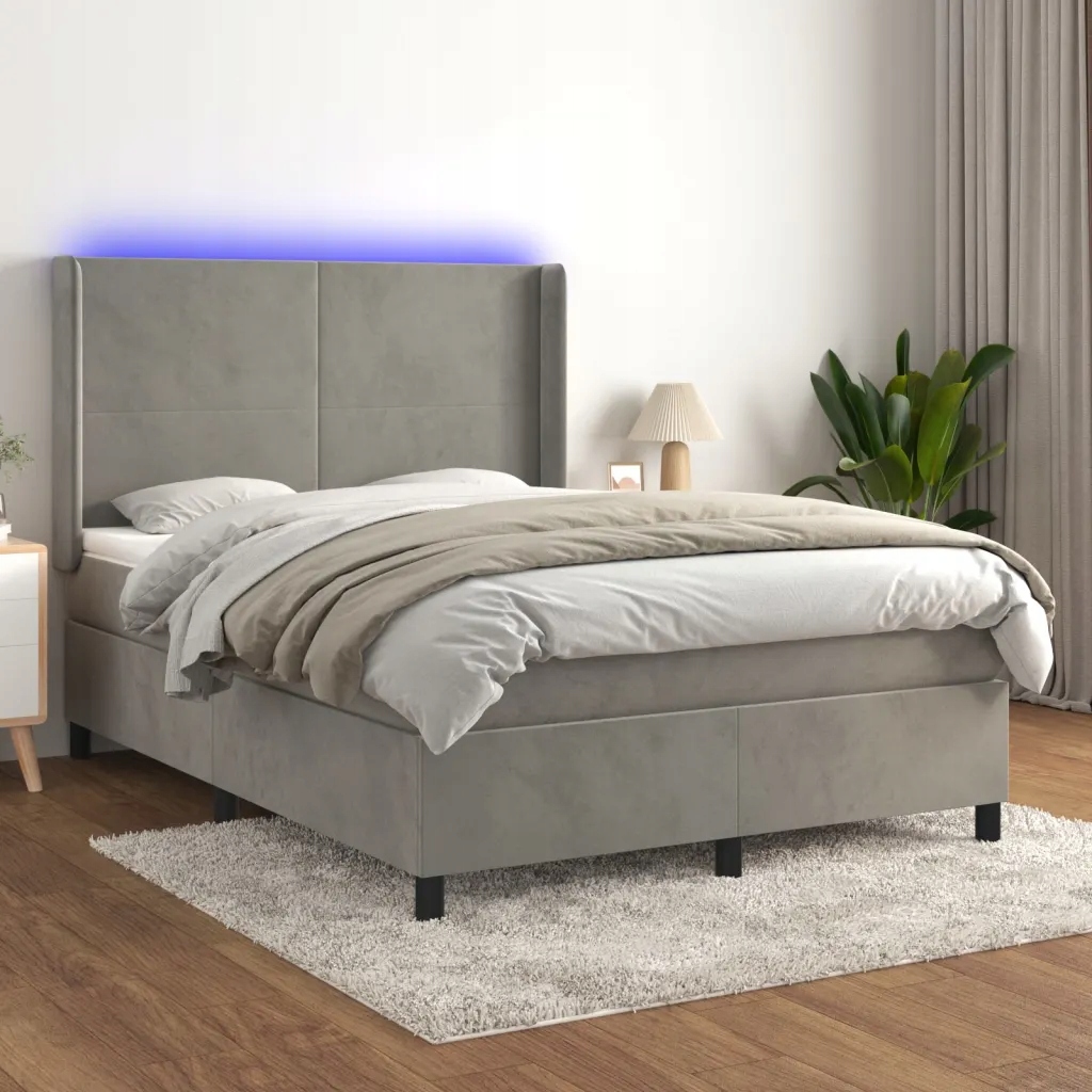 Box spring postel s matrací a Led světle šedá 140x190 cm samet Šedá 3139439